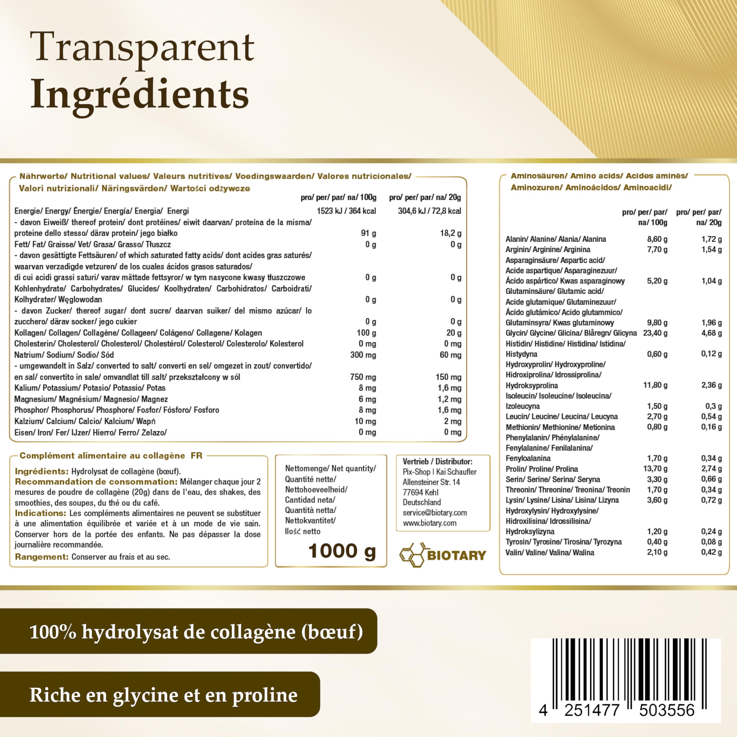 Collagène en Poudre 1000 g 100% hydrolysat de collagène pur peptides de types 1, 2 et 3 excellente solubilité goût neutre formule de pure qualité contrôlée