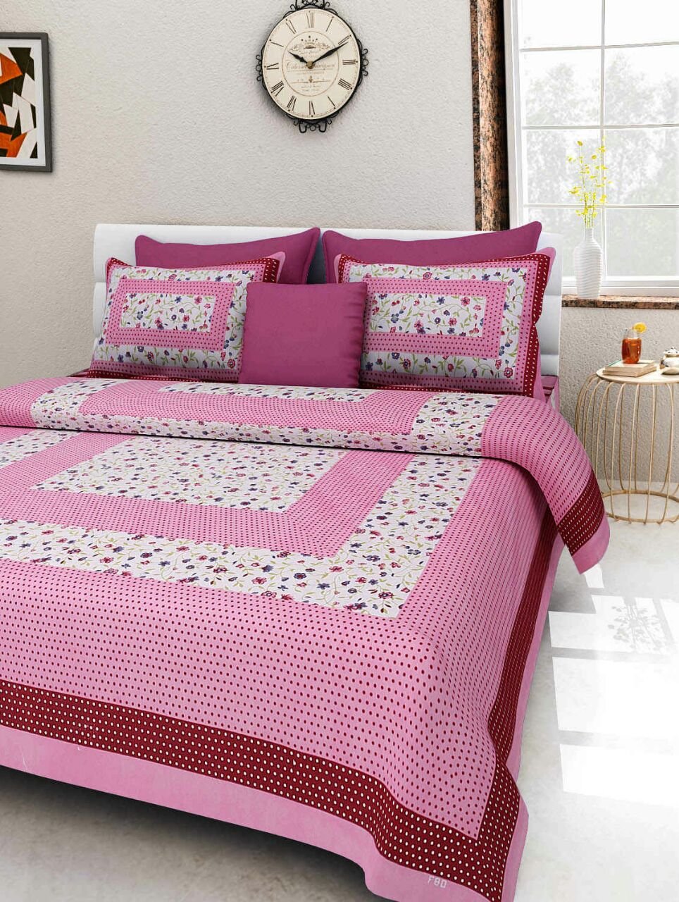 Monik Handicrafts Cotton Jaipuri King Size Double Bedsheet with 2 Pillow Cover (Pink)