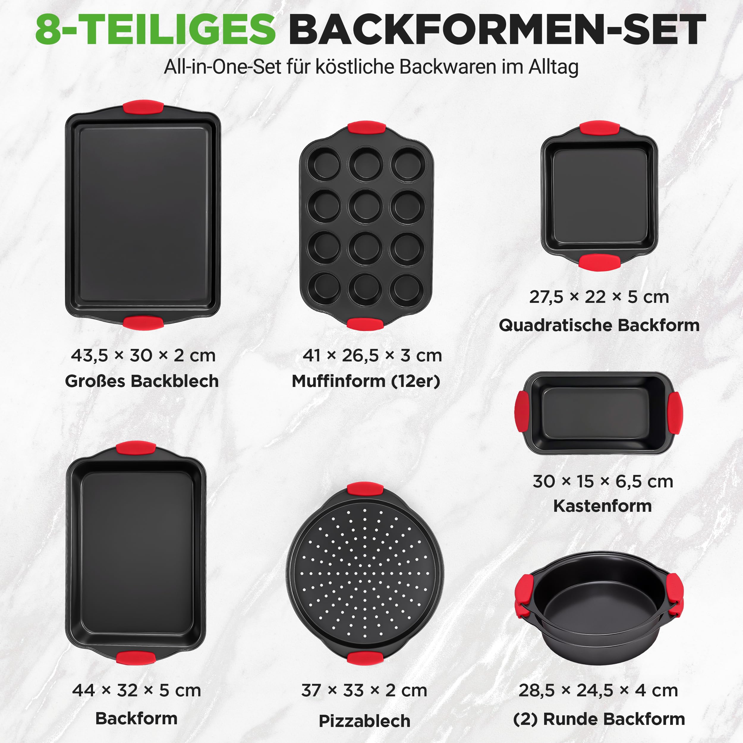 NutriChef Backset 8-teilig – Backblech, Brotbackform, Muffinform, Pizzablech Antihaft & spülmaschinenfest, platzsparend stapelbar, hitzebeständig & lebensmittelecht
