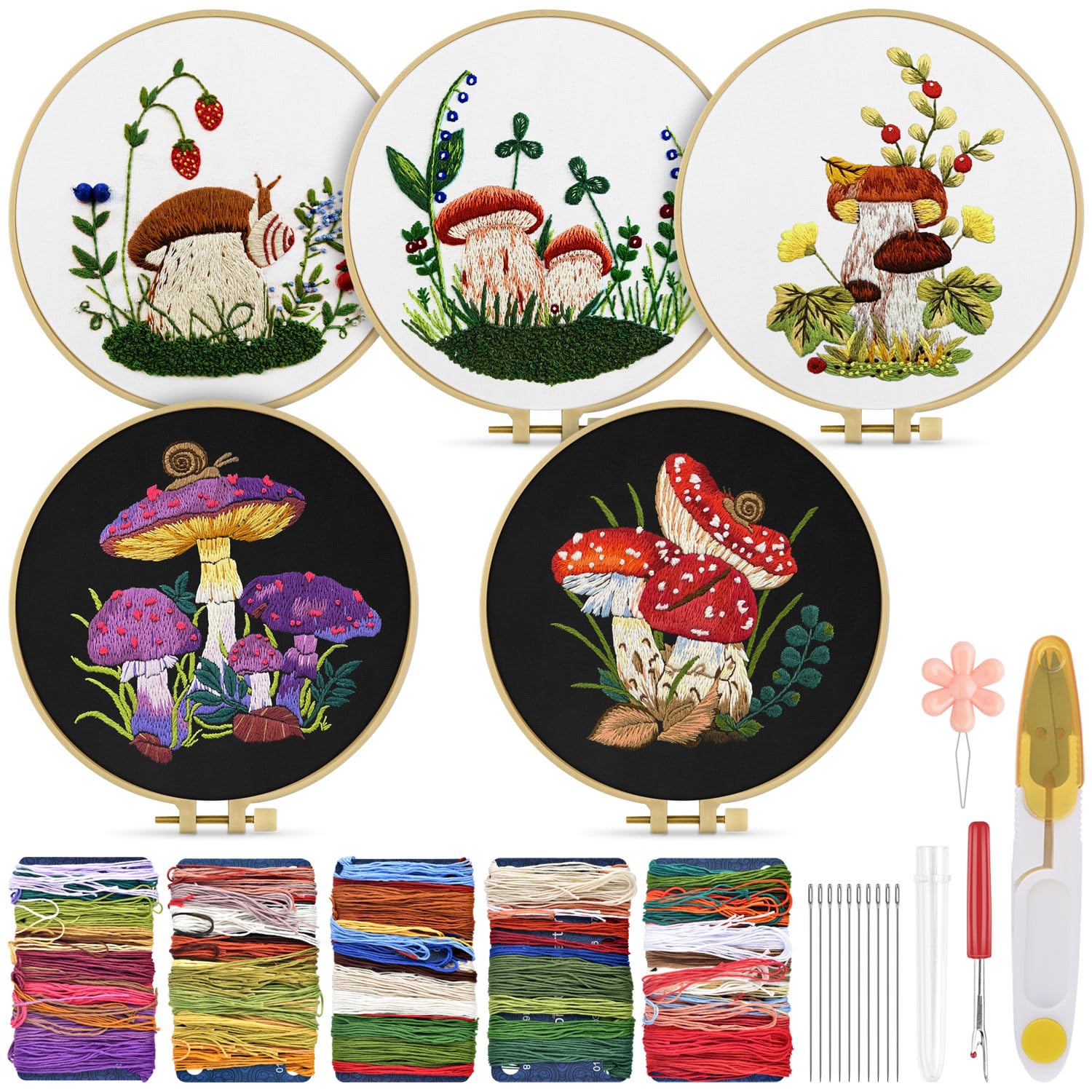 TINDTOPEmbroidery Kit for Adult for Beginners, 5 Sets Mushroom Embroidery Kit for Beginners Include Embroidery Cloth Hoops Threads for Craft Lover Hand Stitch with Embroidery Skill Techniques