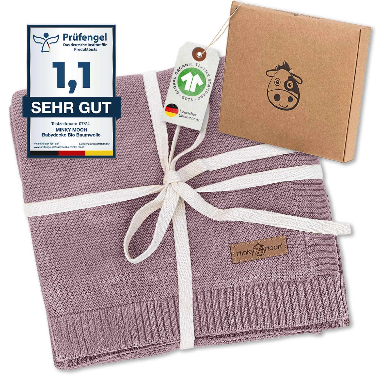 Minky Mooh® - Babydecke aus 100% Bio Baumwolle (Öko-Tex 100) Gr. 94x72cm Flieder - Baby & Kuscheldecke Geschenk für Neugeborene zur Geburt Erstausstattung - Pucktuch & Baumwolldecke Mädchen & Jungen