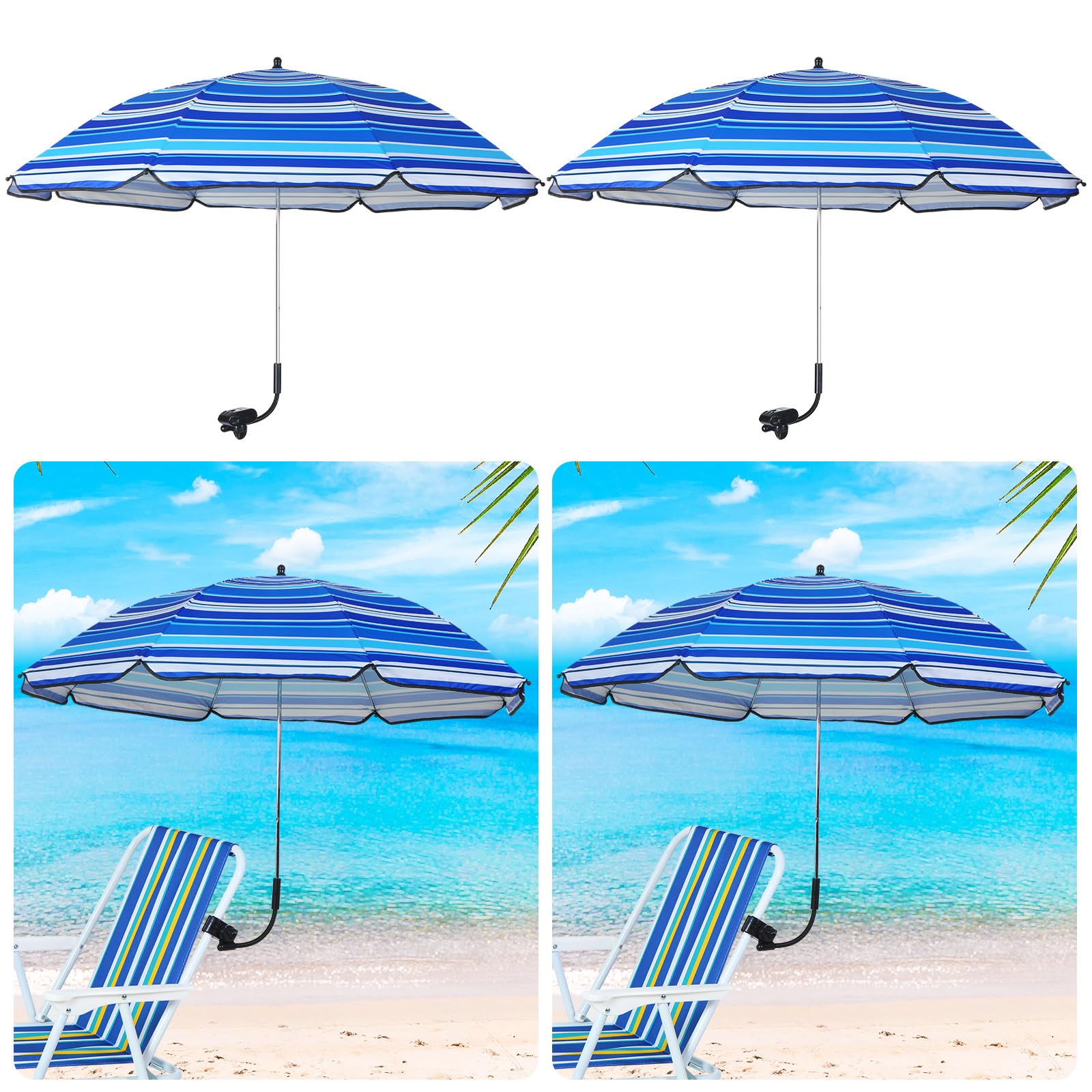 4PCS 43'' Stripe Chair Umbrella with Universal Adjustable Clamp Beach Chair Umbrella Portable Wheelchair Umbrella Camping Chair Umbrella Clip on Parasol, Not Include Chair