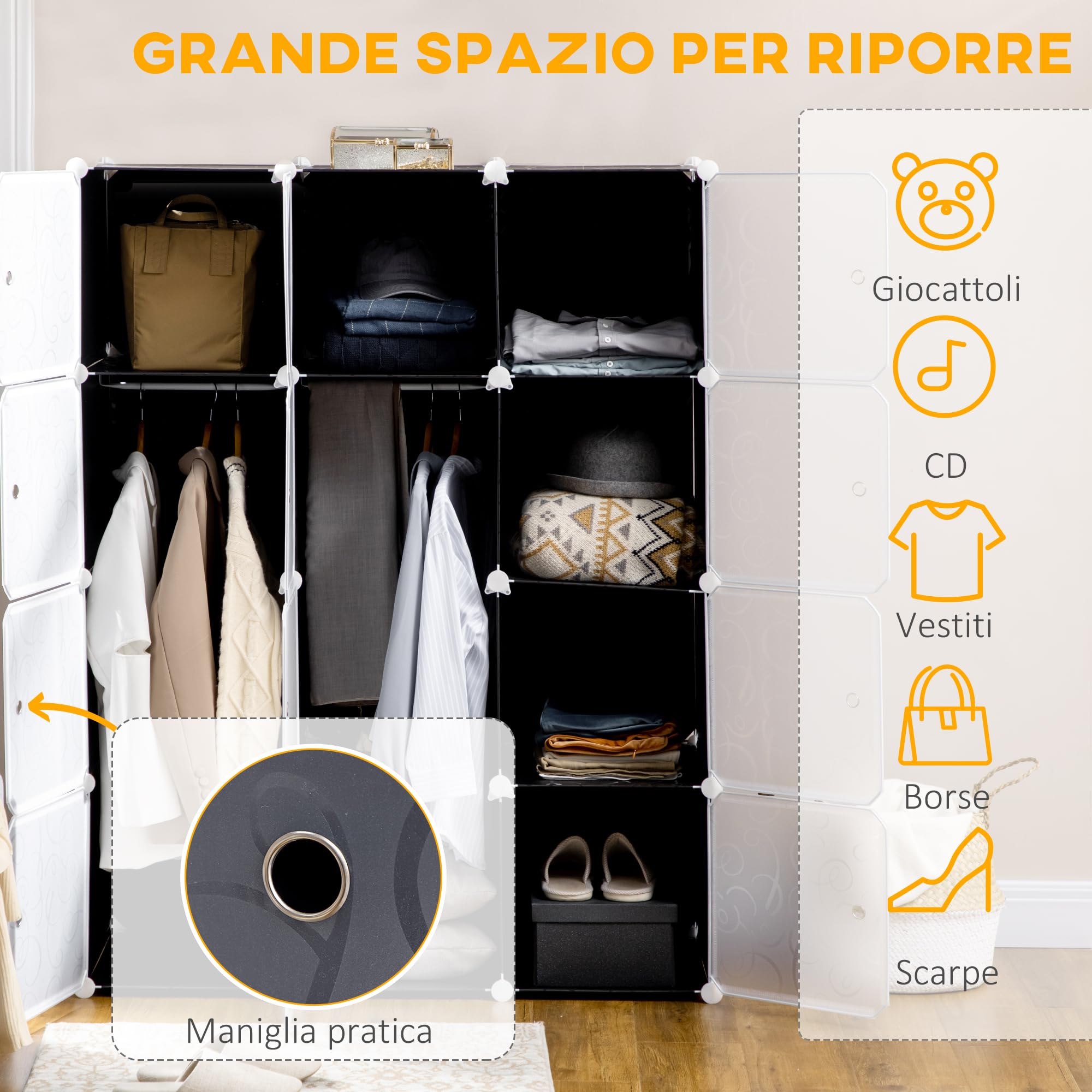 HOMCOM Armadio Scarpiera Salvaspazio, Scarpiera da Ingresso in Plastica, Armadio Modulare per Salotto e Ingressi, Scaffale Portascarpe, Multiuso 111x47x145cm, Bianco e Nero