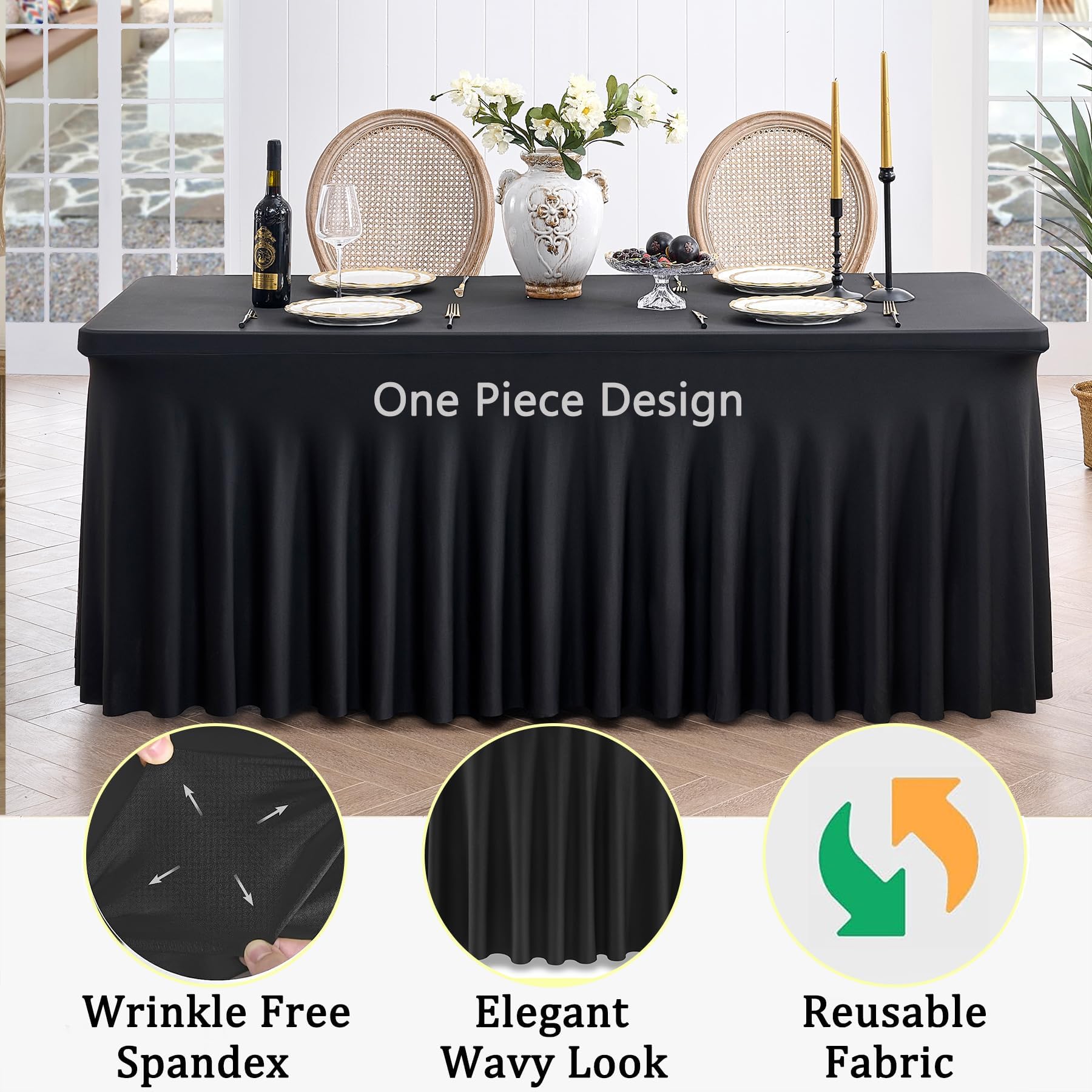 Paquete de 6 manteles de elastano elásticos negros para mesa rectangular de 1,8 m, lavable y sin arrugas, mantel rectangular para fiestas, eventos, bodas, banquetes, [183 x 76 x 74 H] cm