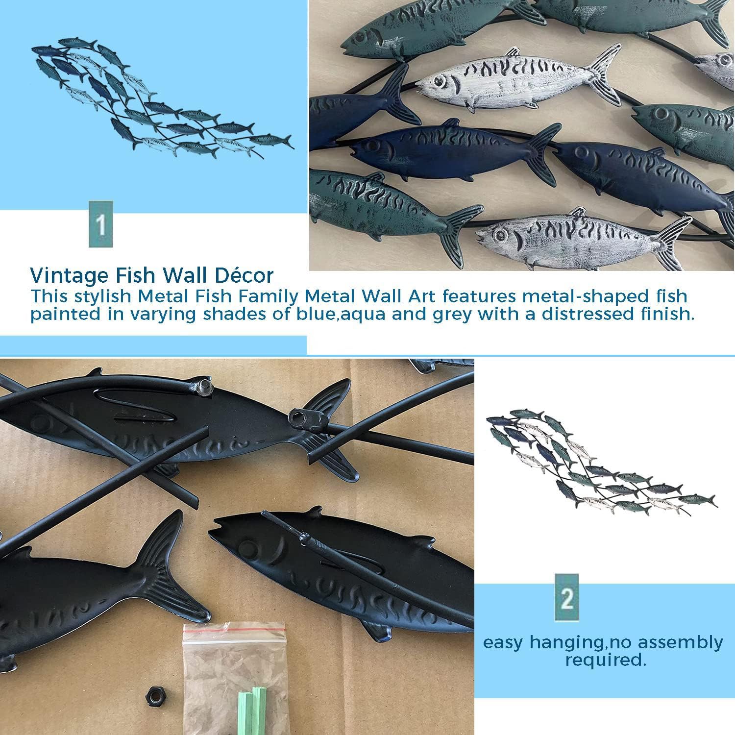 HJDSUDU Sculpture Murale Poisson Métal 3D 126cm – Décoration Océan Peinte à La Main
