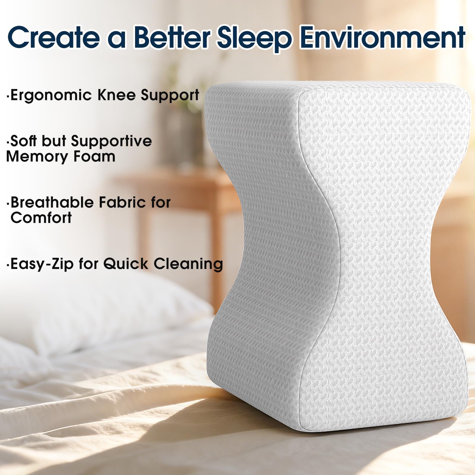 BlissTrends Almohada de rodilla de espuma viscoelástica, almohada de rodilla para dormir de lado, almohadas de piernas para dormir, almohada de elevación para aliviar la columna vertebral torcida,