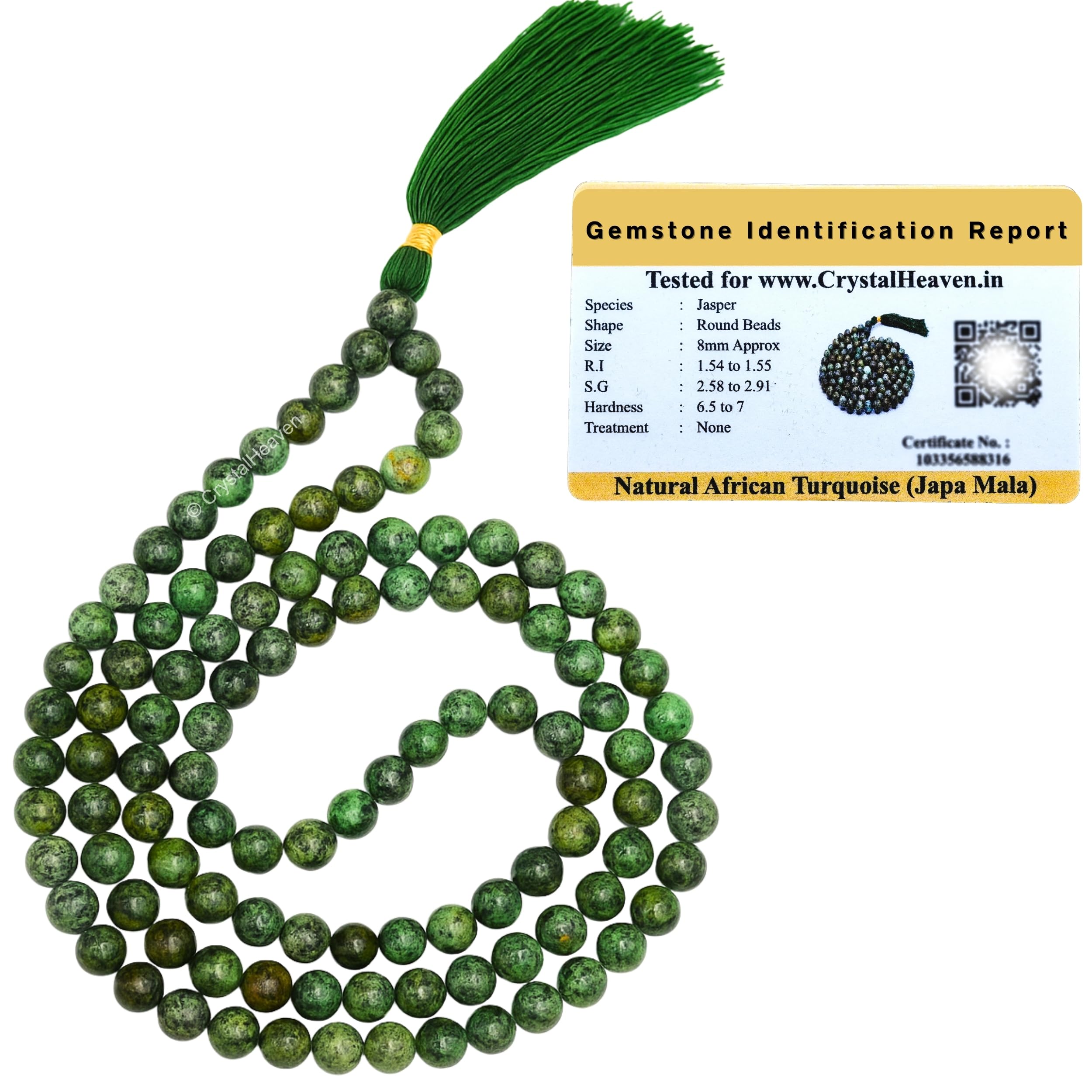 Certified African Turquoise Crystal Japa Mala Saadi - 108 Beads Buddhist Prayer Beads - AAA Grade Original Healing Gemstone Agate Mala for Yoga Meditation Spiritual Reiki Feng Shui