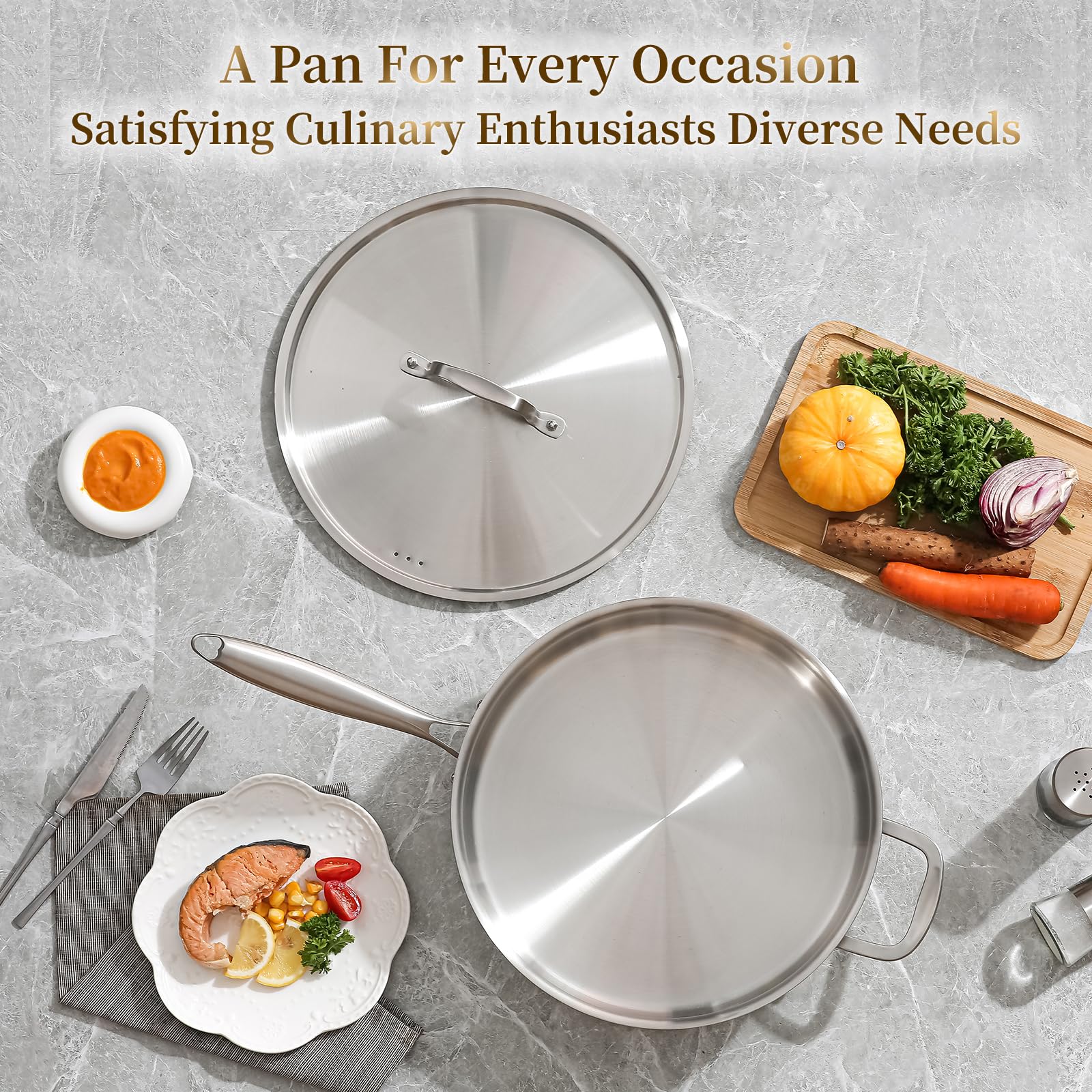 DELARLO Sartén de acero inoxidable de tres capas de 7 cuartos de galón, sartén de 30.5 cm de profundidad con cubierta de acero, sartén grande de cocina, estilo resistente, compatible con todas las