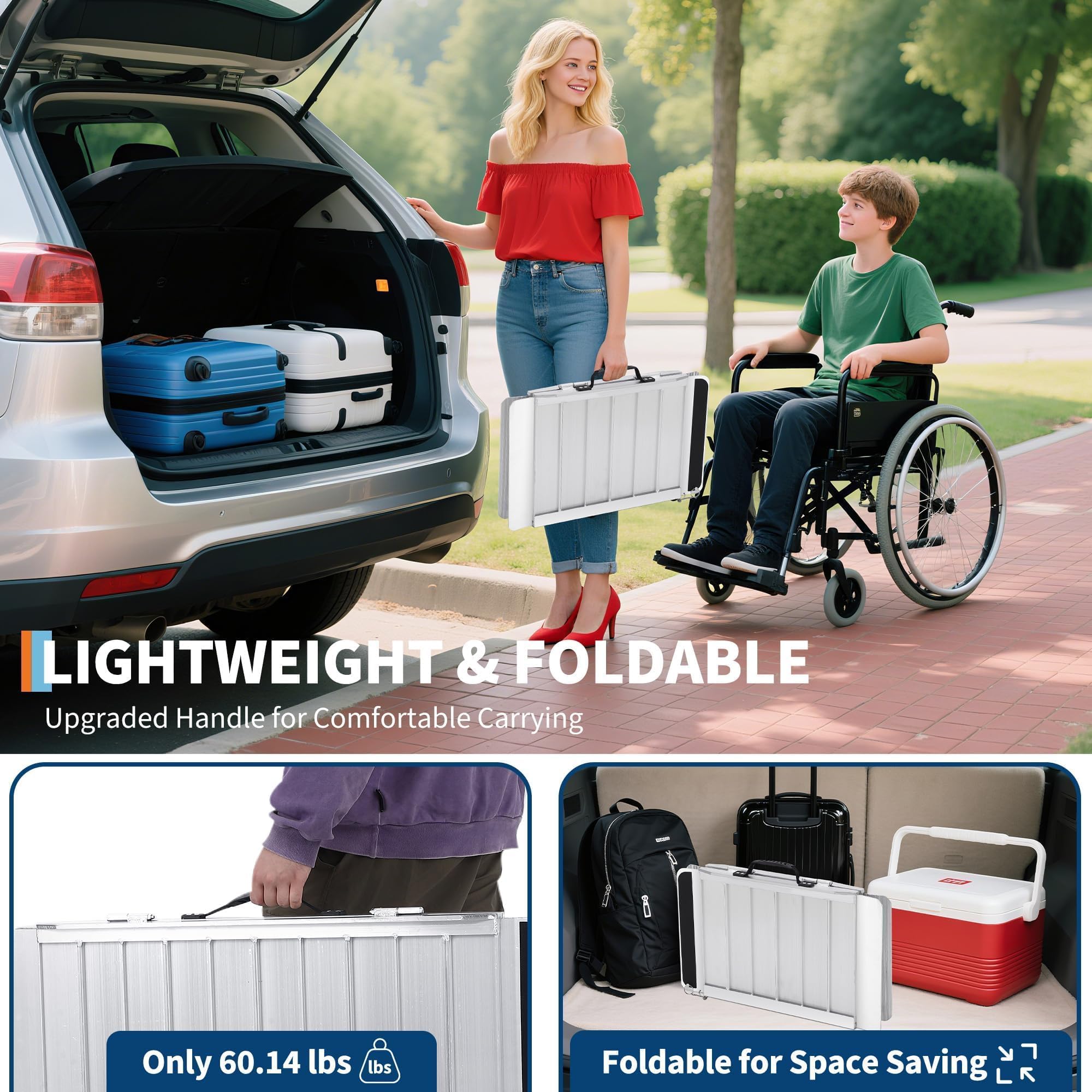 Garvee Rampa di carico pieghevole in alluminio 122 cm (4 ft) per sedia a rotelle e scooter - Leggera e portatile - Portata 272 kg - Antiscivolo, blocco sicurezza - Auto, soglie/gradini, porte