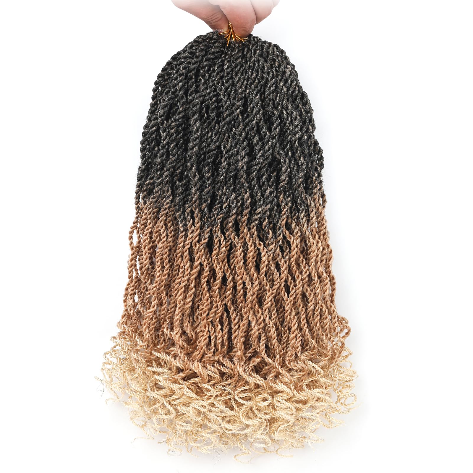 Leeven 12 Inch Senegalese Twist Crochet Hair 8 Packs Ombre Blonde Shrot Pre Looped Wavy Crochet Braids with Curly Ends 3 Tone Hanava Twist Synthetic Braiding Hair for Women Girl Kids #1B/27/613
