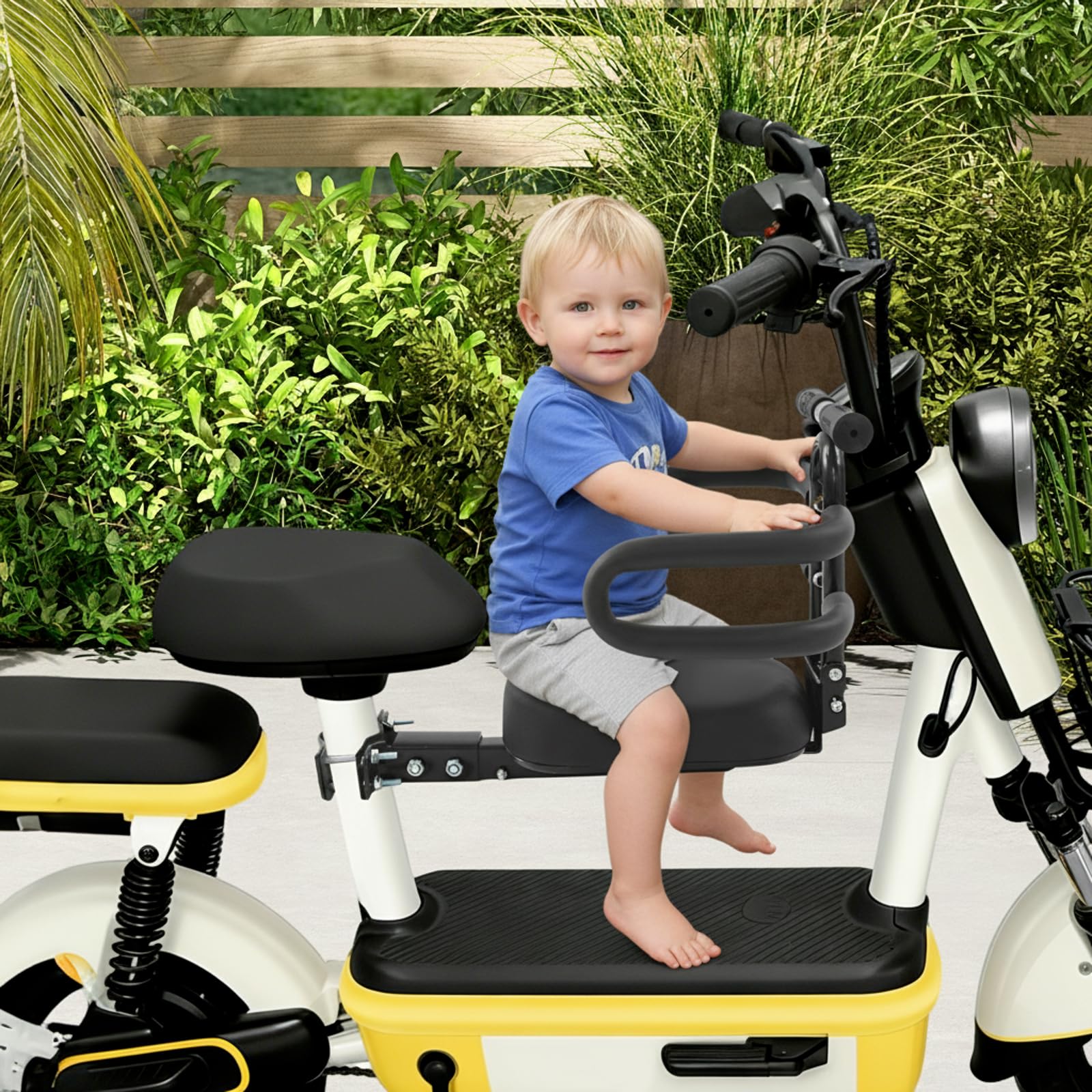 Fahrradkindersitz, Klappbarer Sitz für Elektroroller, Sitz verstellbar, Faltbar, Front Mounted Scooter, Karbonstahl, Verwendung in der Stadt, Reisen, Spaziergang, bis 30kg