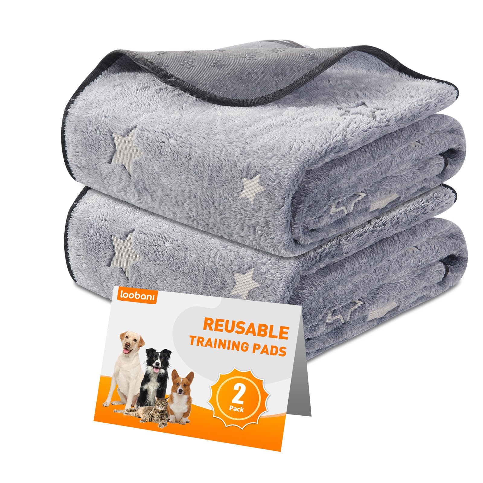 LOOBANI Washable Dog Pads, Fast Absorption Reusable, Waterproof Whelping, Non Slip Pet Playpen Mat for Dogs, Grey 2 Pack 36 x 72 in