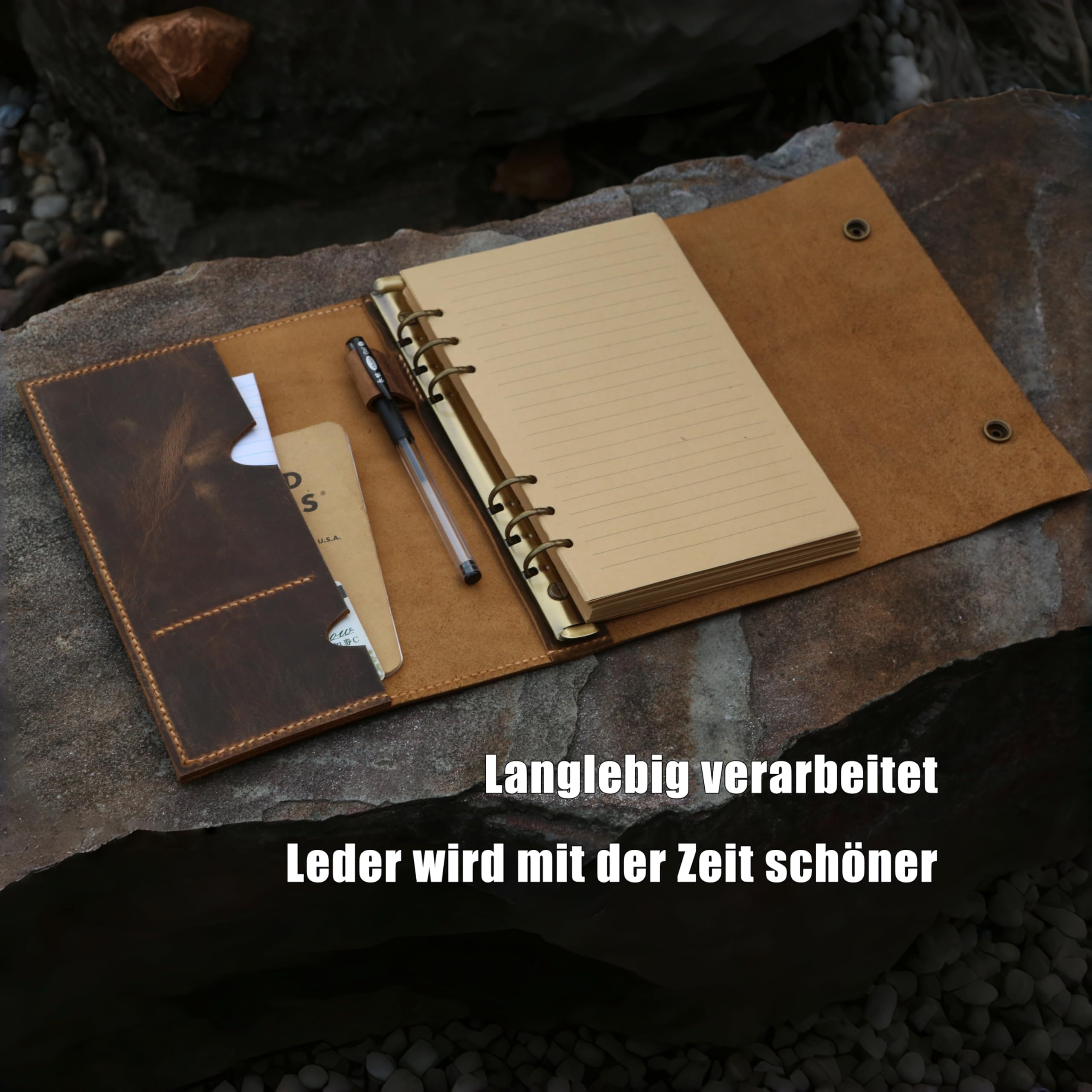 D&M leather studio Personalisiertes A5 Leder Notizbuch – nachfüllbares Ringbuch im Vintage Look, Schreibmappe A5 mit Stiftschlaufe & Kartenfach, Konferenzmappe/Dokumentenmappe