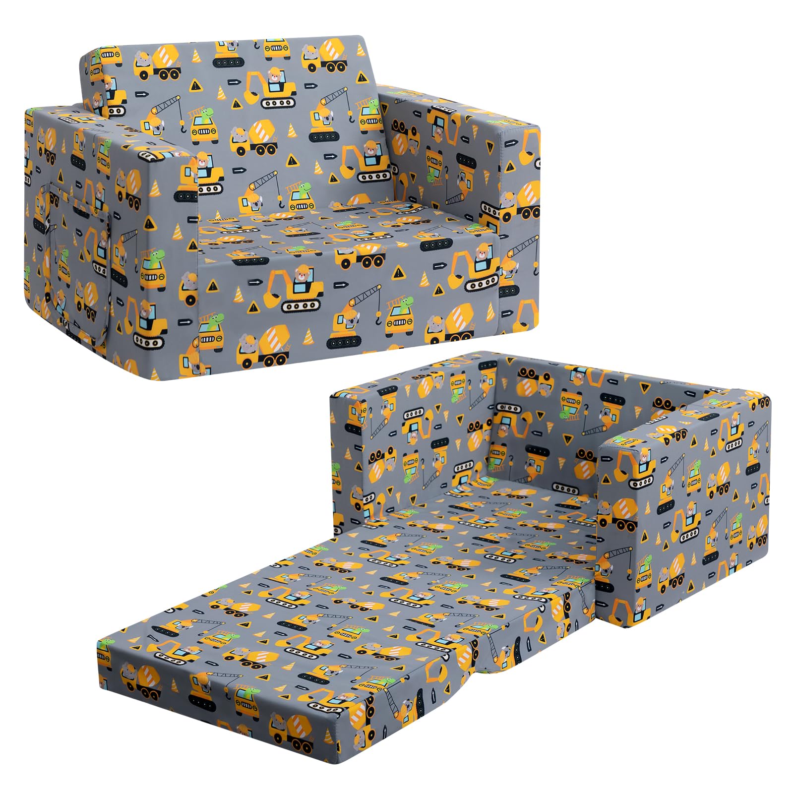 BEJOY Kids Sofa 2-in-1 Flip Out Cuddly Toddler Chair Convertible Sofa to Lounger Children Sofa Bed Children's Day and Birthday Gift for Girls Boys, Grey with Engineering Vehicles