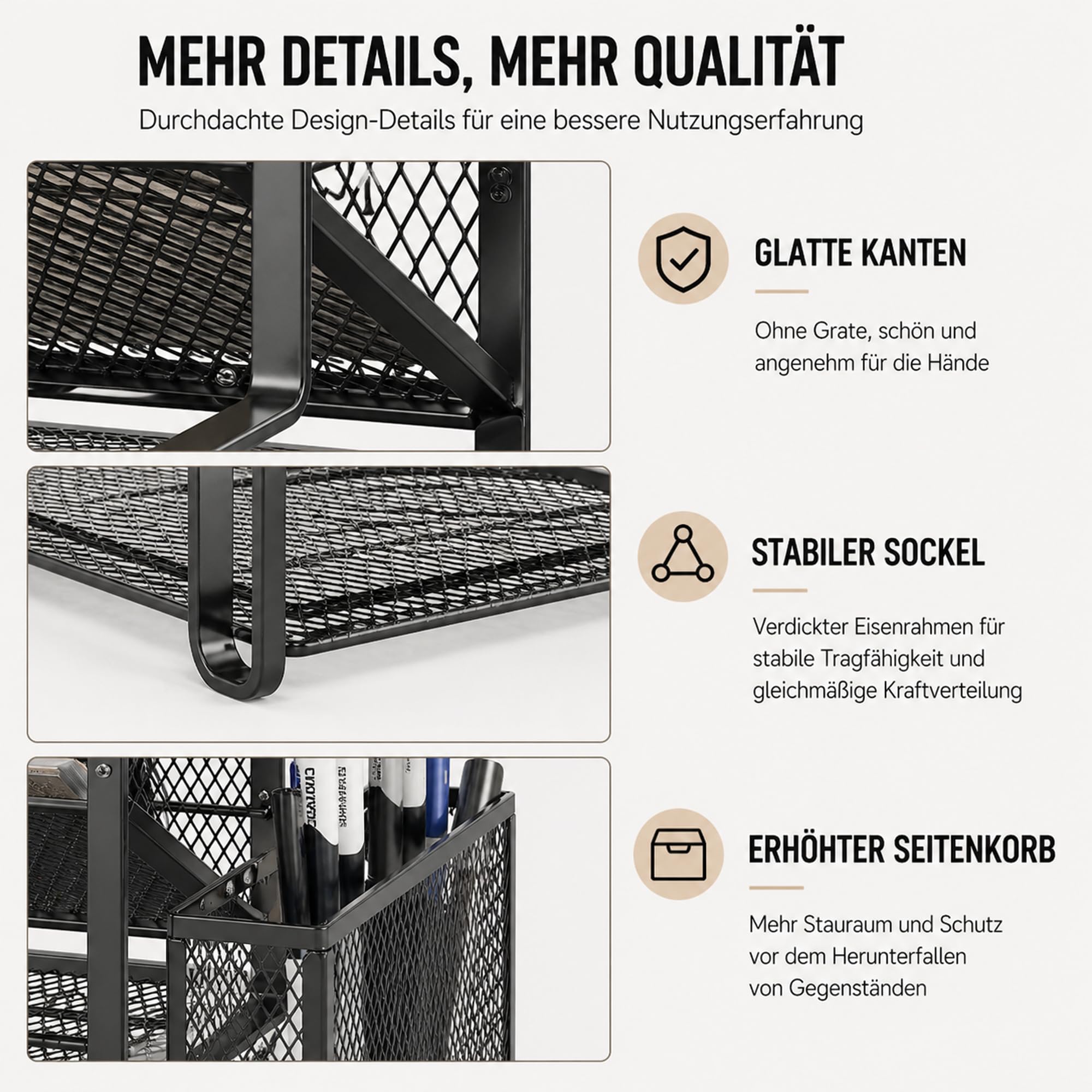 7-stöckiger Schreibtisch-Organizer aus Metall, Schwarz | Briefablage Papierablage mit Stiftehalter und Hängekorb, Dokumentenablage für Büro und Home Office