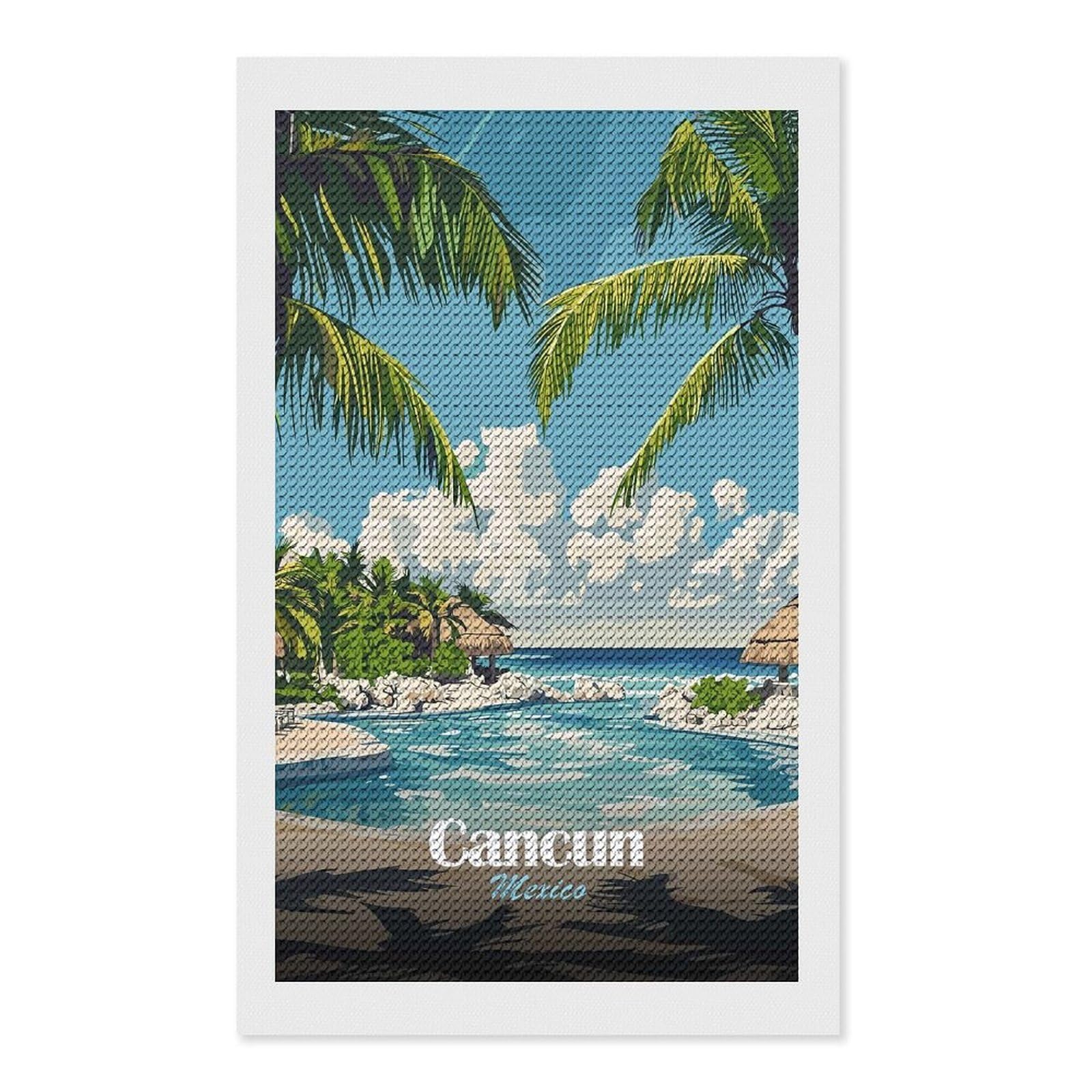 Junmoney Cancun Mexico Tropical Resort Diamond Art Kit 12"x20", Gift Idea, for Family Craft Time, Mindful Craft Activity, Boho Decor, Relaxing DIY Hobby
