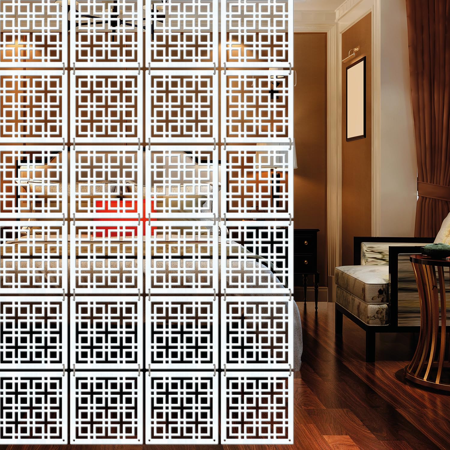 Olive Tree Wooden Hanging Room Divider for Living & Dining Room, Hall | Elegant & Modern Stylish Screen Partition|Aesthetic Separator for Home Decoration 12 Panels DIY (11.5X11.5 inch) White - 8049-image-12