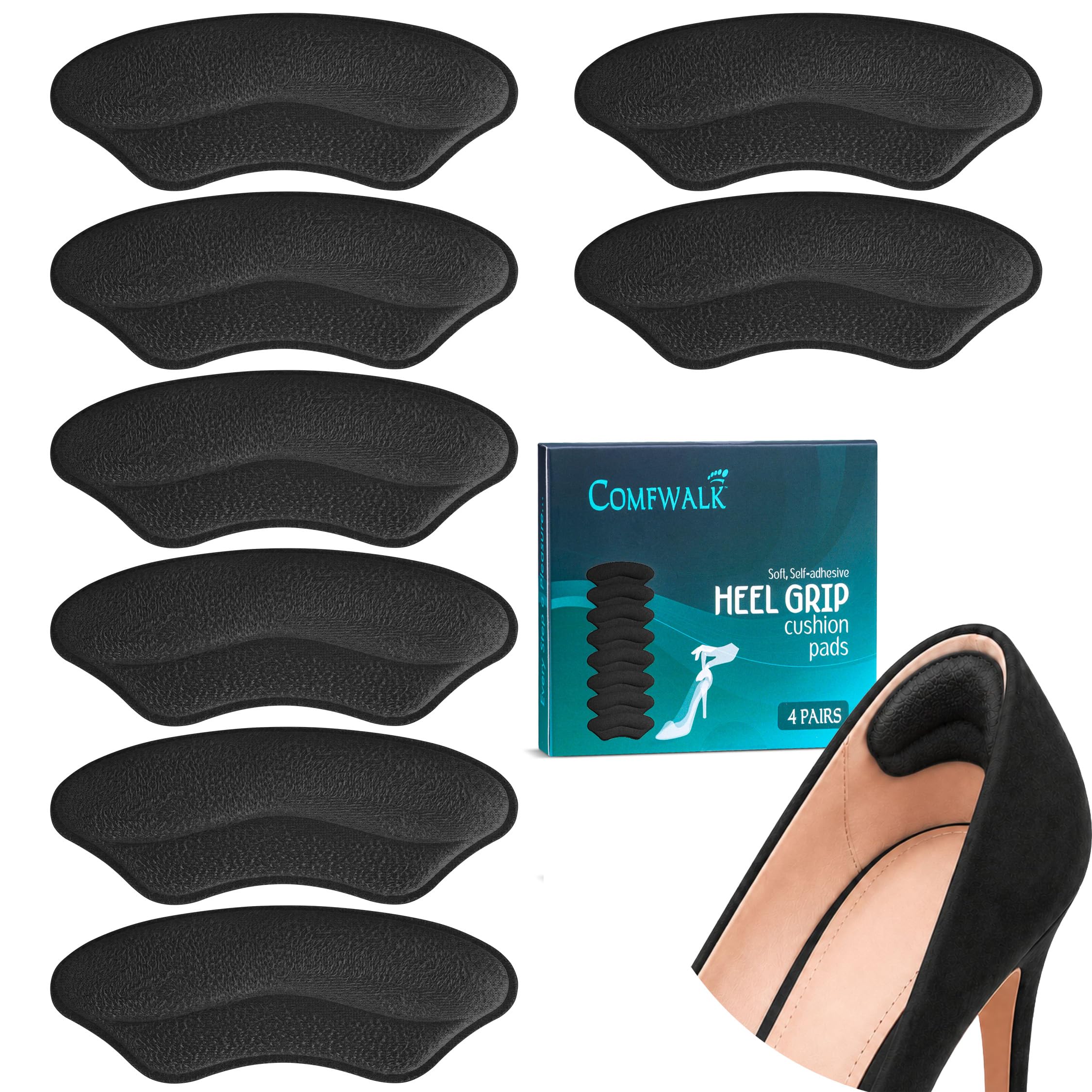 Comfwalk Almohadillas de agarre para el talón, 4 pares, autoadhesivas, inserciones de zapatos para zapatos sueltos, ajuste cómodo, prevención de ampollas, comodidad del talón para hombres y mujeres