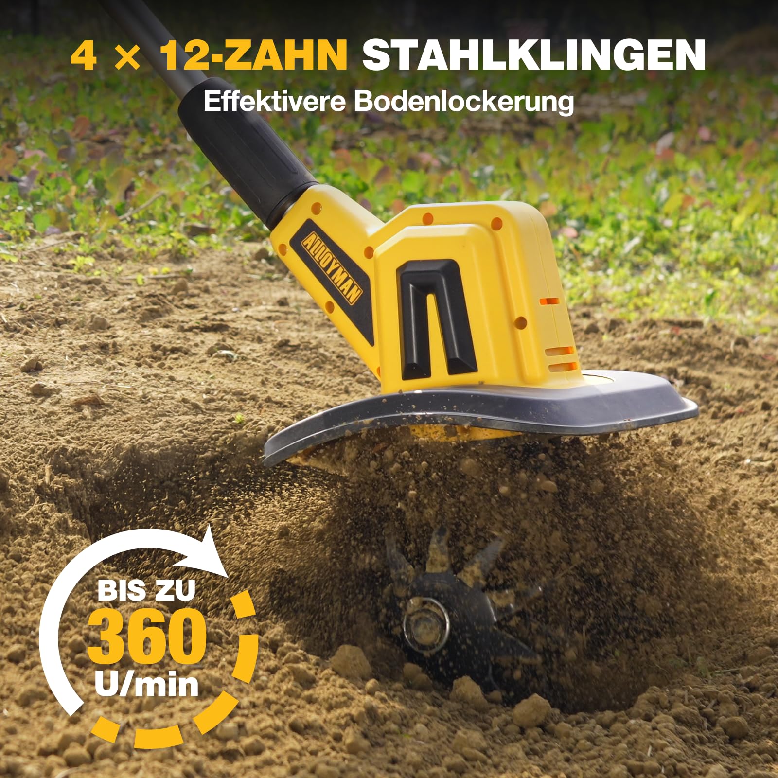 Alloyman 20V MAX Akku Bodenhacke Gartenfräse, 360 U/min Elektro Motorhacke, mit 2 x 4,0 Ah Akkus und Ladegerät, 23 cm Arbeitsbreite, 17 cm Tiefe, mit Schutzschalter, für Rasen/Garten/Bodenbearbeitung