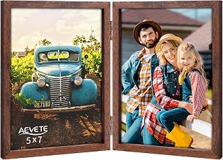 AEVETE 5x7 Picture Frames Double Hinged Wood Folding Photo Frames Vertical with Plexiglass Front, Brown