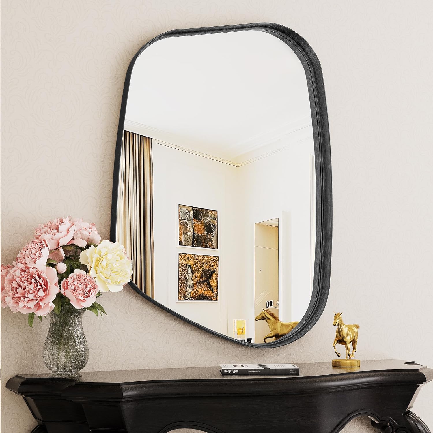 Irregular Wall Mirror 22"x30" Bathroom Mirrors Asymmetrical Artistic Decorative for Living Room Bedroom Bathroom Hallway Entryway,Trapezoid,Black 30"L x 22"W Trapezoid Style Black