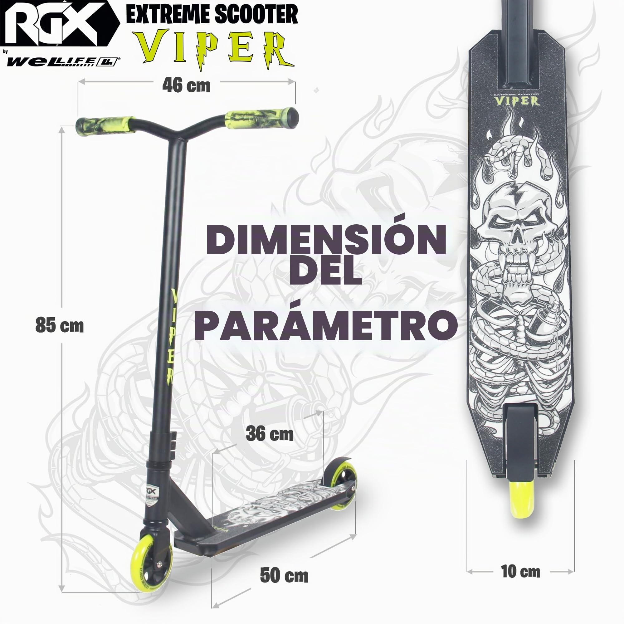 WeLLIFE Patinete Freestyle Viper RGX - Patinete Freestyle Profesional, Manillar HIC System, Ruedas PU 110mm y Llantas de Aluminio, Rodamientos Abec9, Patinete Acrobático para Adultos y Niños