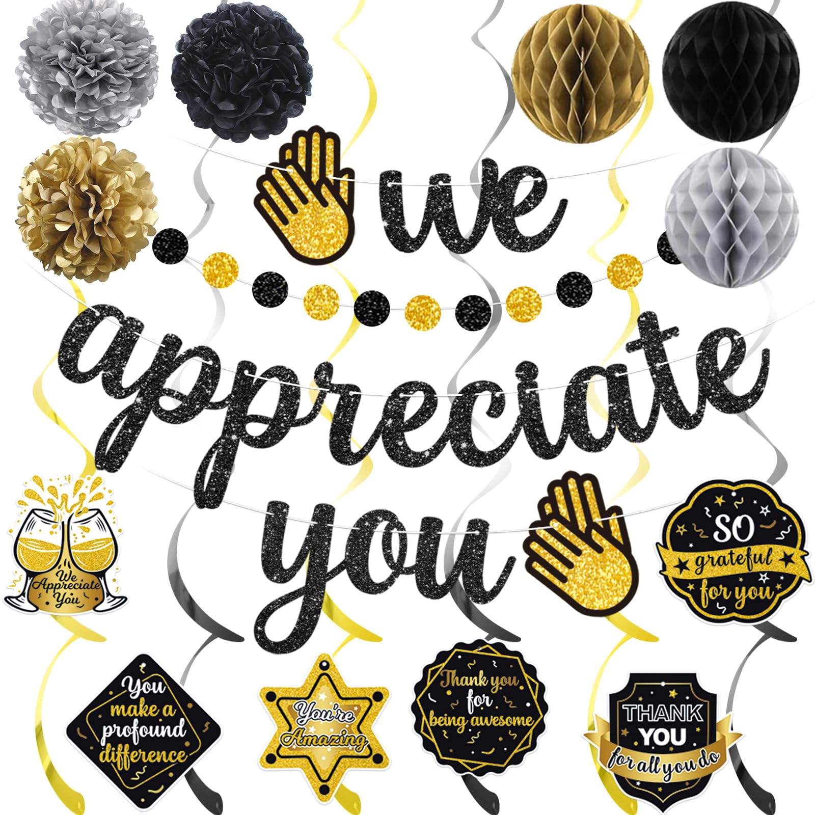 We Appreciate You Banner Black, Thank You Banner Garland Hanging Swirls Paper Flowers Pom Poms, Employee Appreciation Decorations, We Appreciate You