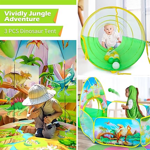 Miniatura 2 de GeerWest Tienda de campaña de dinosaurio de 3 piezas para niñas con pozo de pelotas para niños, tiendas de campaña para niños y túnel de gateo para