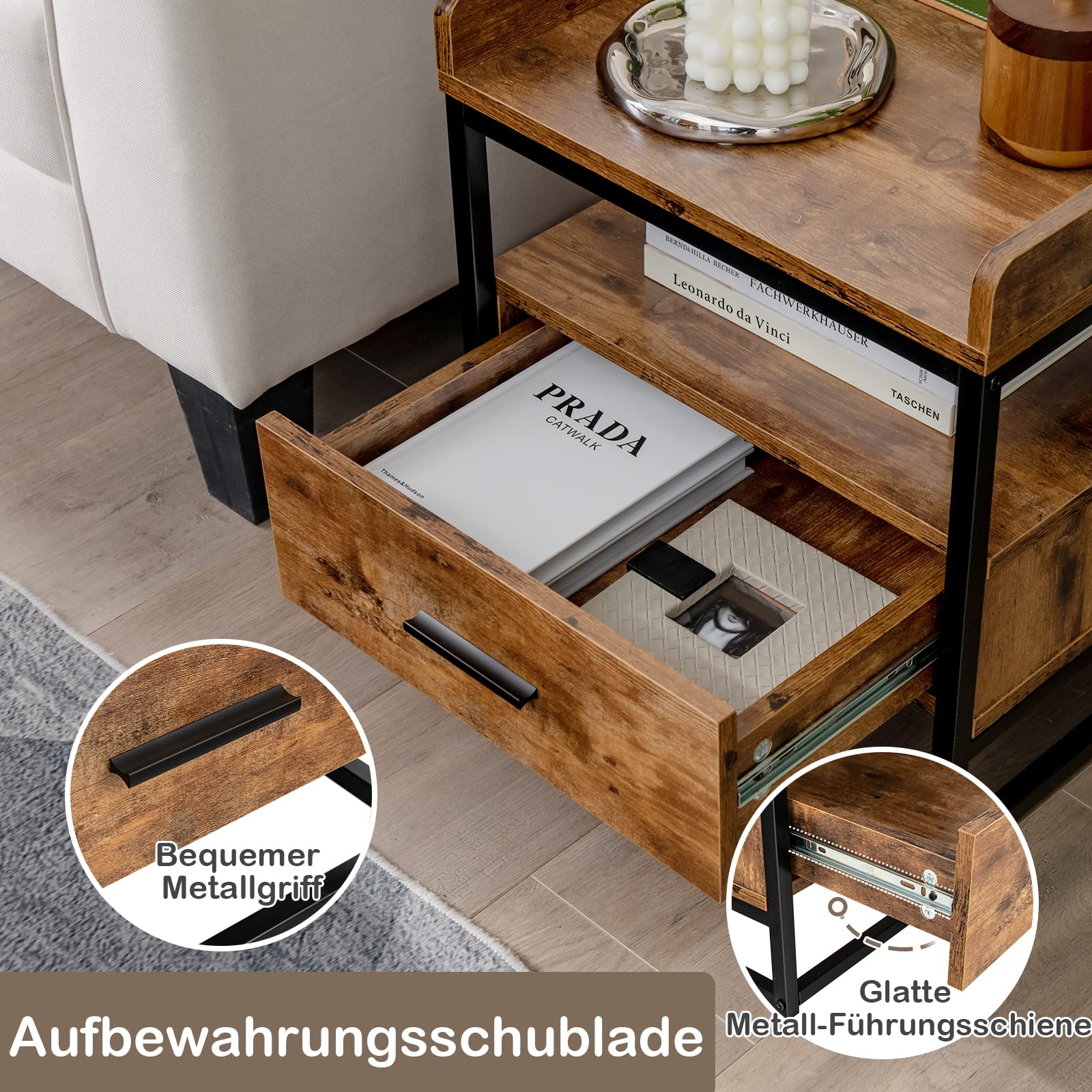 COSTWAY Nachtkastje met lade, bijzettafel met USB-poorten en