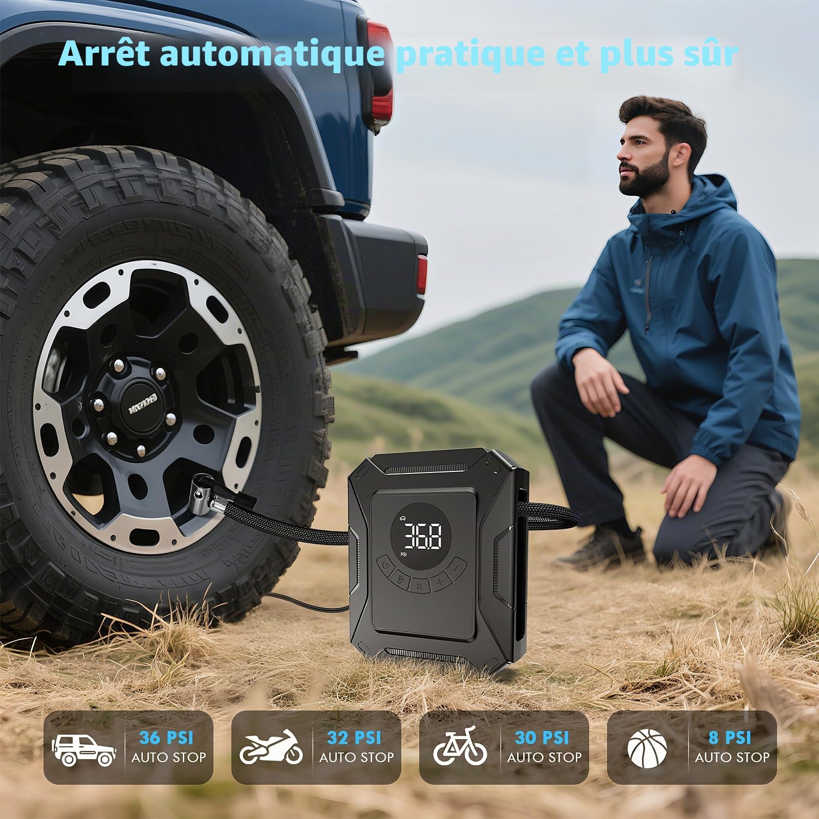 Compresseur Voiture 12V avec Écran LCD, Gonfleur Portable à Arrêt Automatique & Pression Préréglée, Pompe à Air Rapide pour Pneus de Voiture, SUV, Moto, Vélo et Ballons – Accessoire Auto