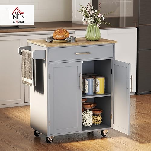 Miniatura 2 de HOMCOM Carrito de isla de cocina con cajón, armario de almacenamiento y toallero, gris