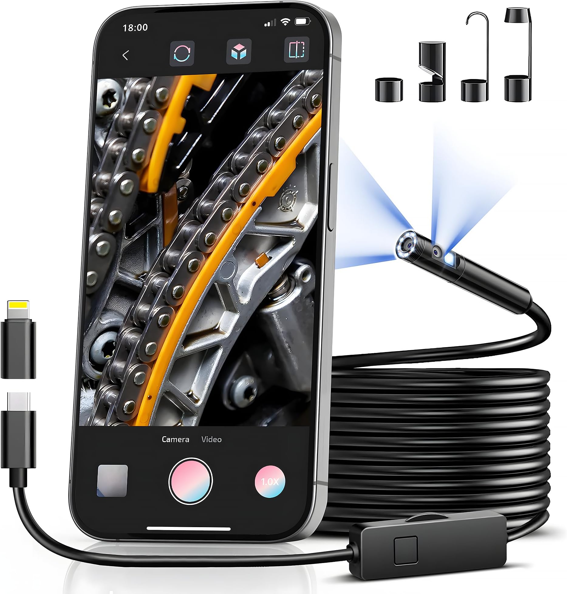 - [Dual-Lens] Borescope,Endoscope Camera with Light,1920P Inspection Camera with 8+1 Adjustable LED Lights, 16.5ft Semi-Rigid Cable Snake Endoscope for iPhone, iPad, Samsung