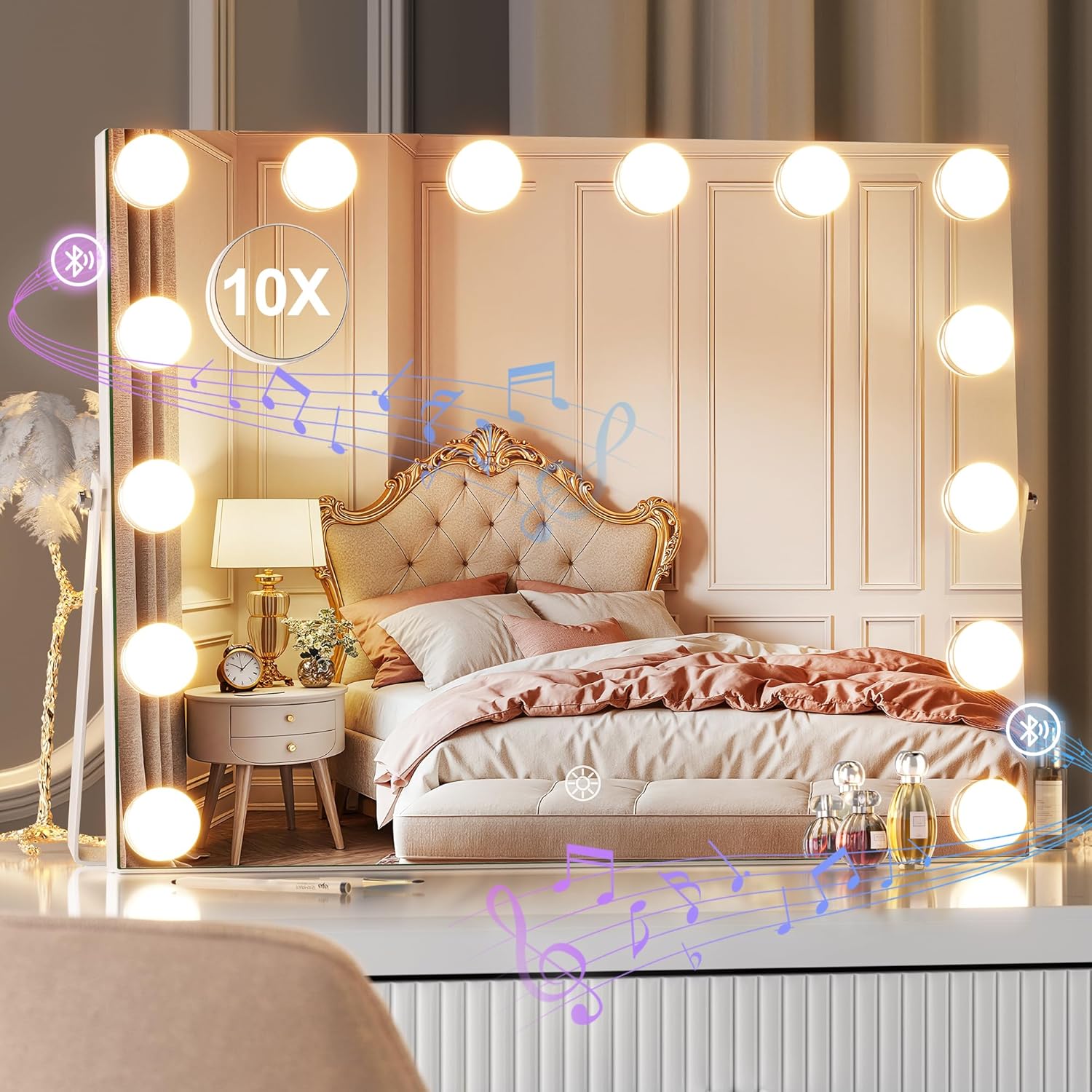 MINISO Vanity Mirror with Lights and Bluetooth Speaker- 18" x 14" Hollywood Makeup Mirror with 3 Color Lights, Smart Touch Control, 360°Rotation 18"L x 14"W