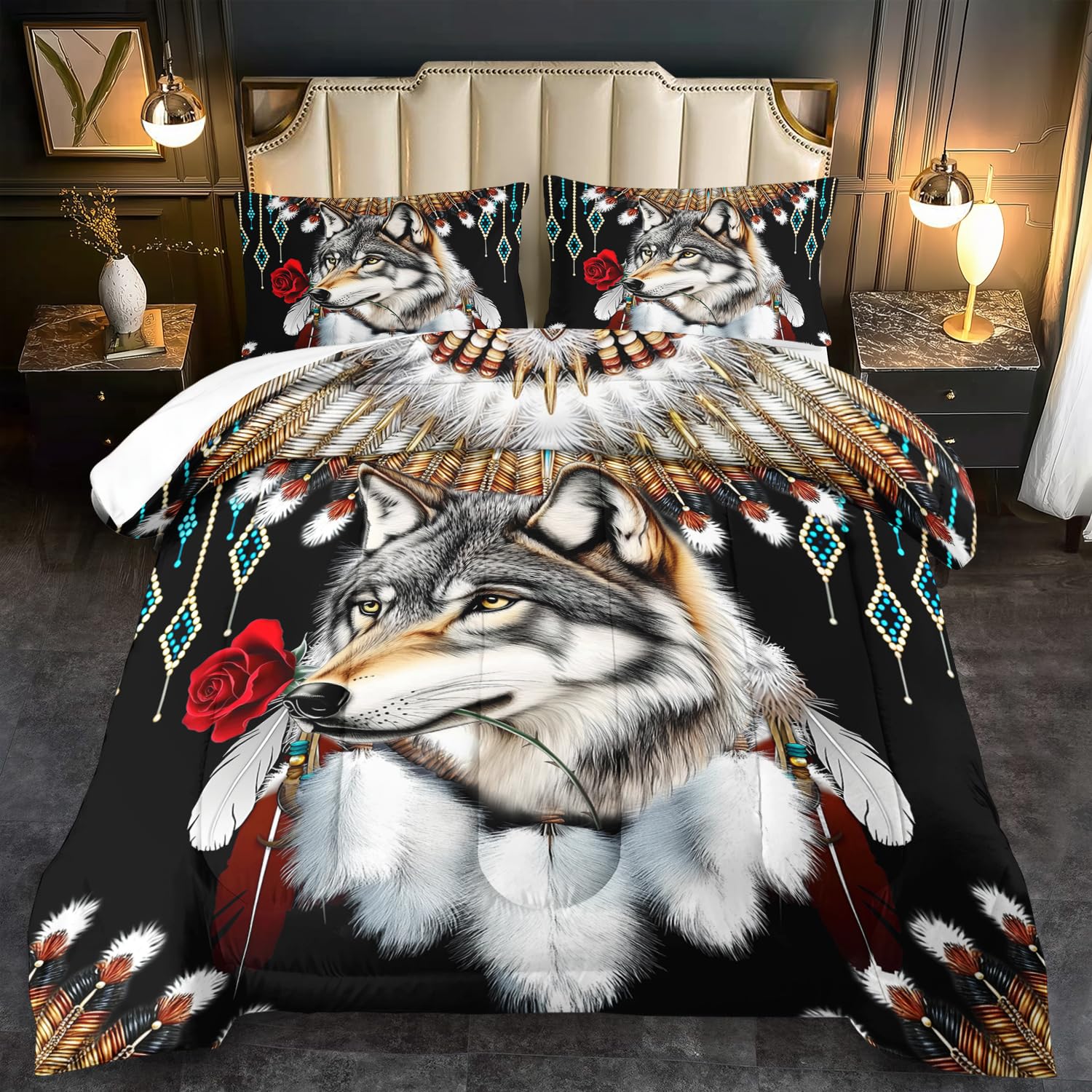Western Wolf Comforter Set Full Size Wolf Bedding Set Boys Farmhouse Bedding Animal Print Comforter for Couple Boho Quilt Western Bedroom Decor Country Home Decor