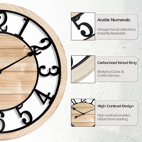 Miniatura 2 de LEIKE Reloj de pared grande de 24 pulgadas - Reloj de pared silencioso y sin tictac, estilo rústico, con marco de madera, vintage, estilo granja,