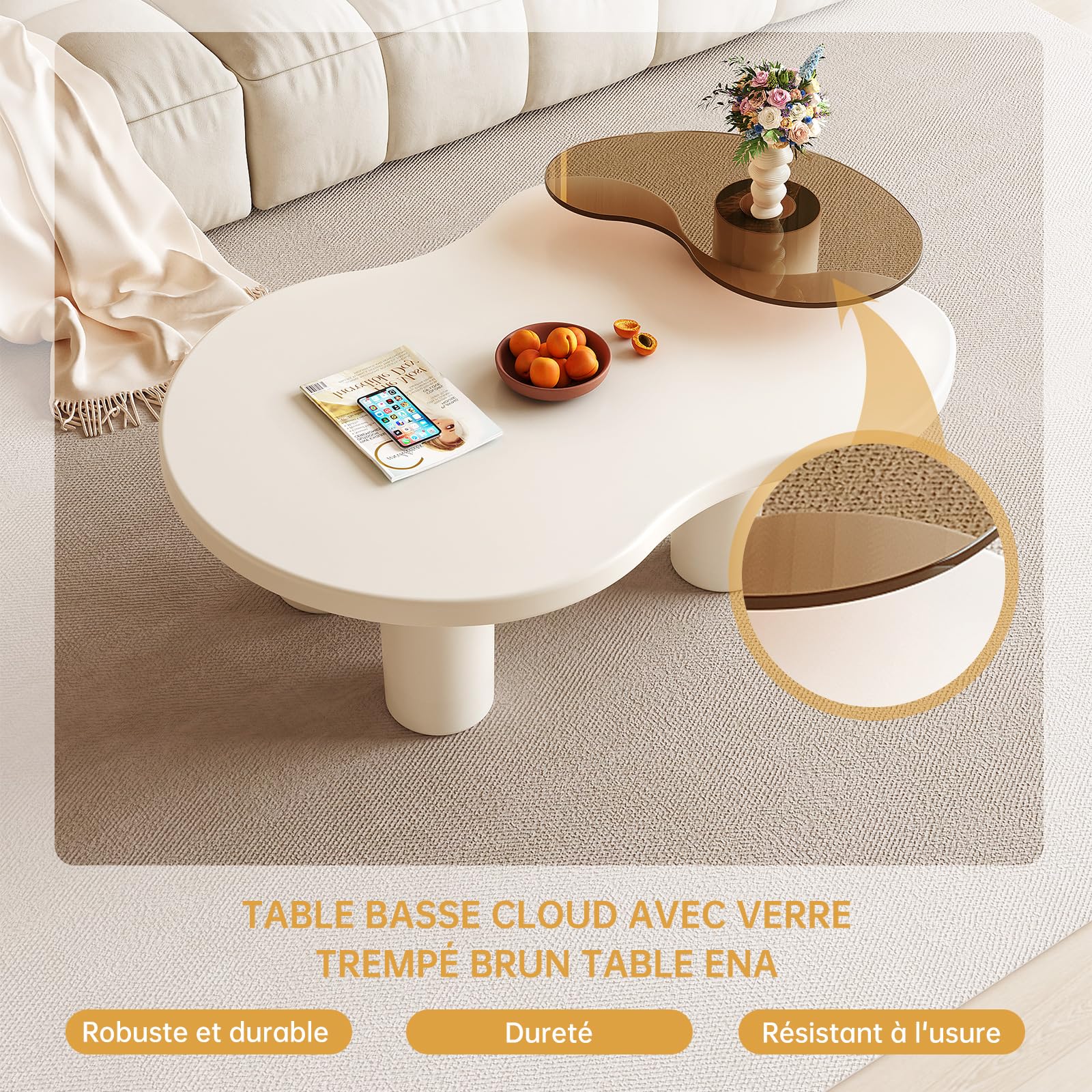 Miuuod Lot de 2 Tables Basses Modernes 2 en 1 de 104 cm, Tables Gigognes de Forme Irrégulière avec Plateau en Verre, pour Salon, Chambre, Bureau, Petits Espaces, Montage Facile, Blanc Crème