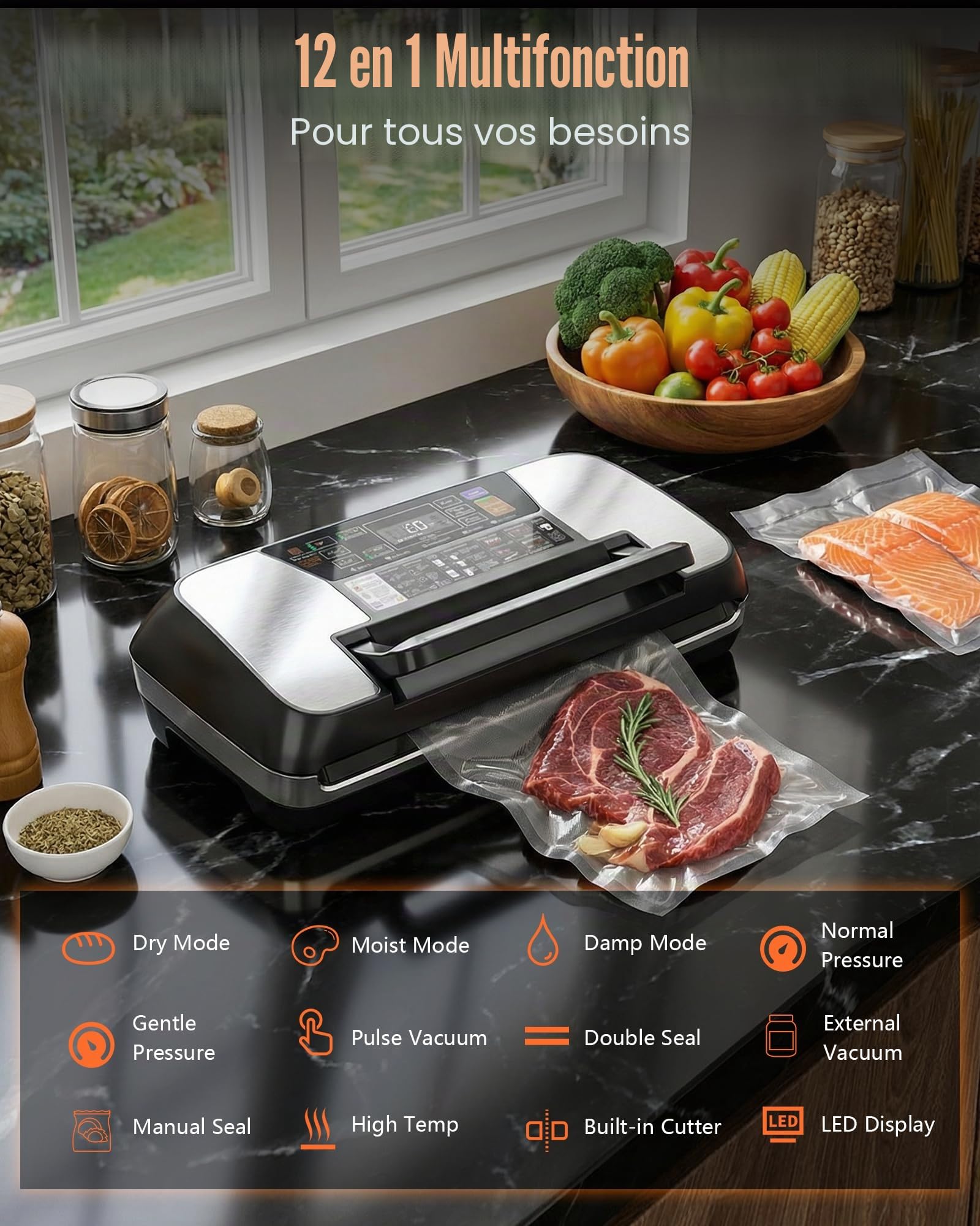 Machine Sous Vide Alimentaire 95 kPa, Appareil de Mise Sous Vide 12-en-1 avec Double Soudure, Système Easy-Lock, Coupe-Film Intégré et Bac Amovible pour une Conservation Longue Durée