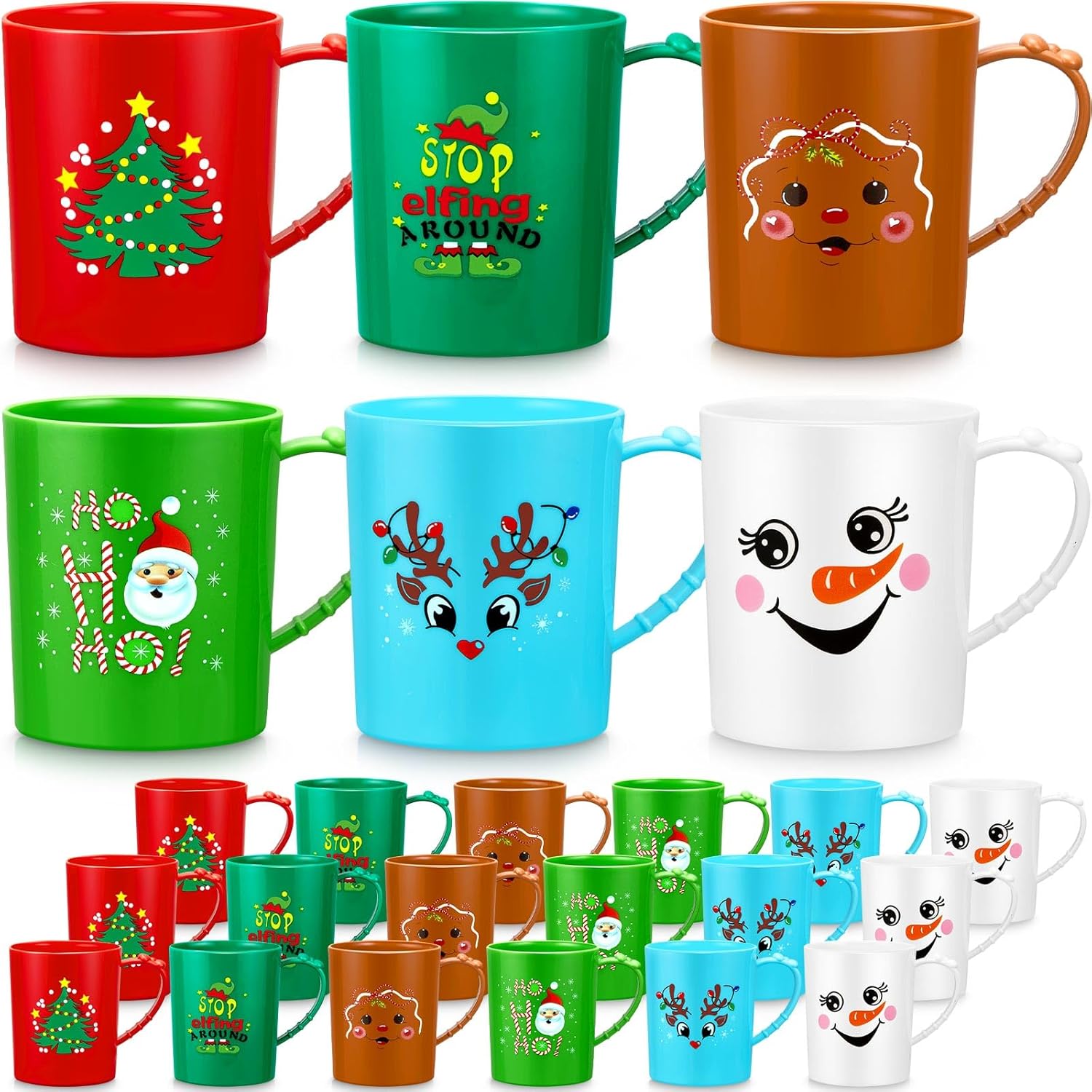 Suclain 24 Pc Plastic Mug Set - 15 oz Christmas & Holiday Mugs with Handle - Santa & Snowman Designs for Kids & Winter Parties