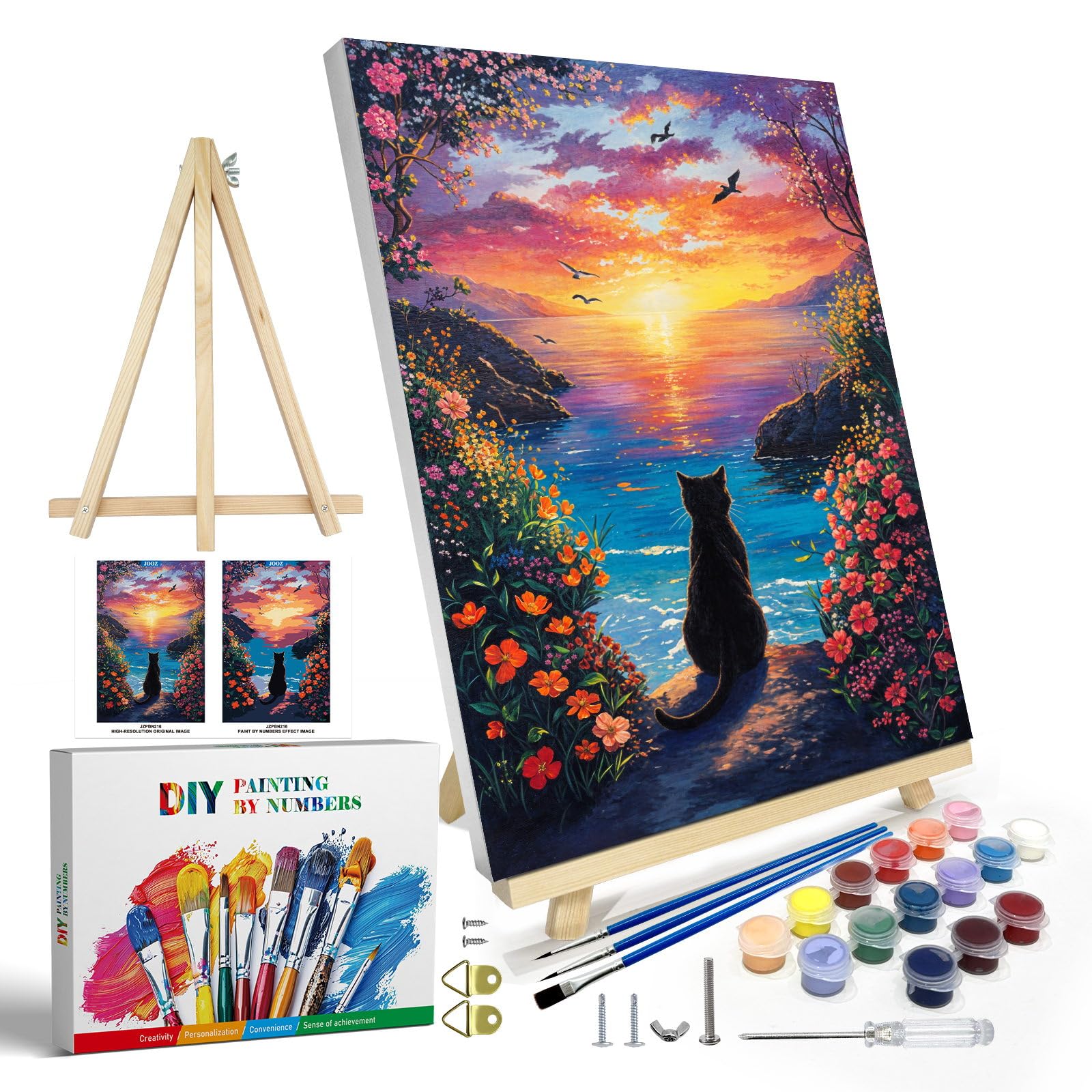 JOOZ Black Cat Starry Night Paint By Numbers Kit - 12x16 Inch Framed Canvas With Easel For Adults