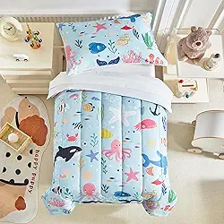 Joyreap Conjunto de cama infantil de 4 peças, tema do mundo do mar, azul para crianças, inclui edredom acolchoado, lençol de cima, lençol de cima e fronha