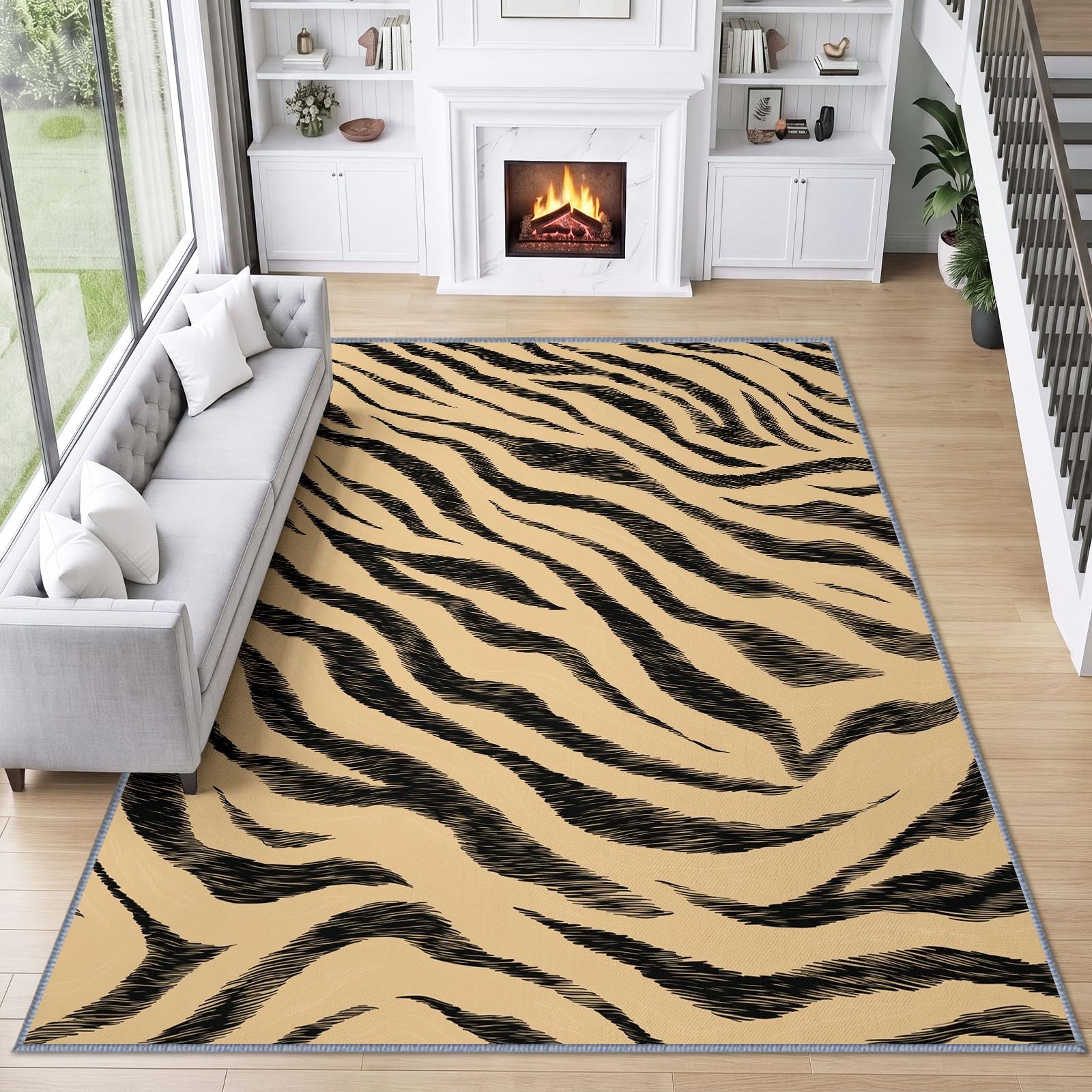 Tapis de Salon Lavable 160 x 230 cm Rayures Tigre Beige, Tapis Antidérapant à Poils Ras Imprimé Animal pour Cuisine Bureau Salle à Manger - Moquette Décoration Intérieure Chambre d'enfant