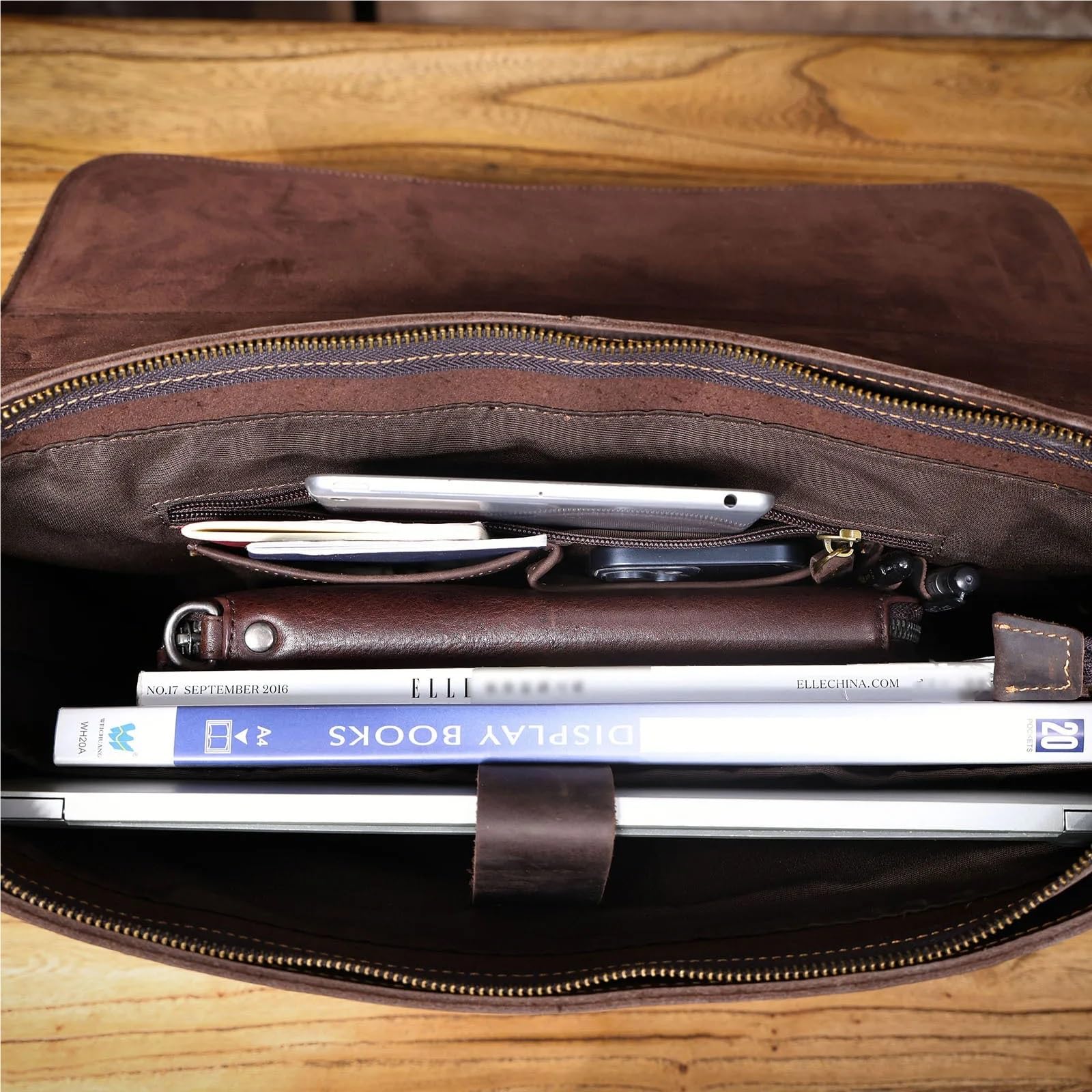 Bolso de mano for hombre, piel auténtica, for negocios, bandolera hombro, for ordenador 15,6" Para Negocio Colegio Trabajo Café