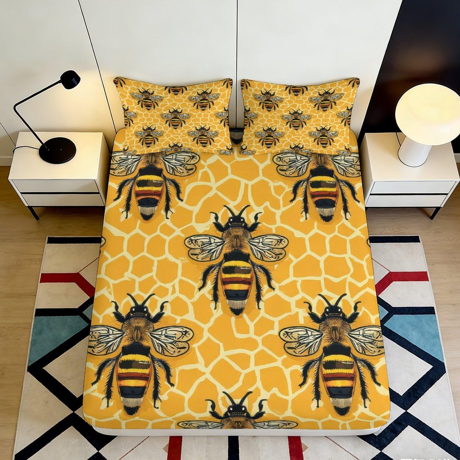 Jqzkxnhpbr Style-9 3D Printed Bee Pattern Fitted Sheet Microfiber Soft Yellow Honeycomb Bed Cover For Bedroom Dorm Mattress Protection Decor 90X200x25cm