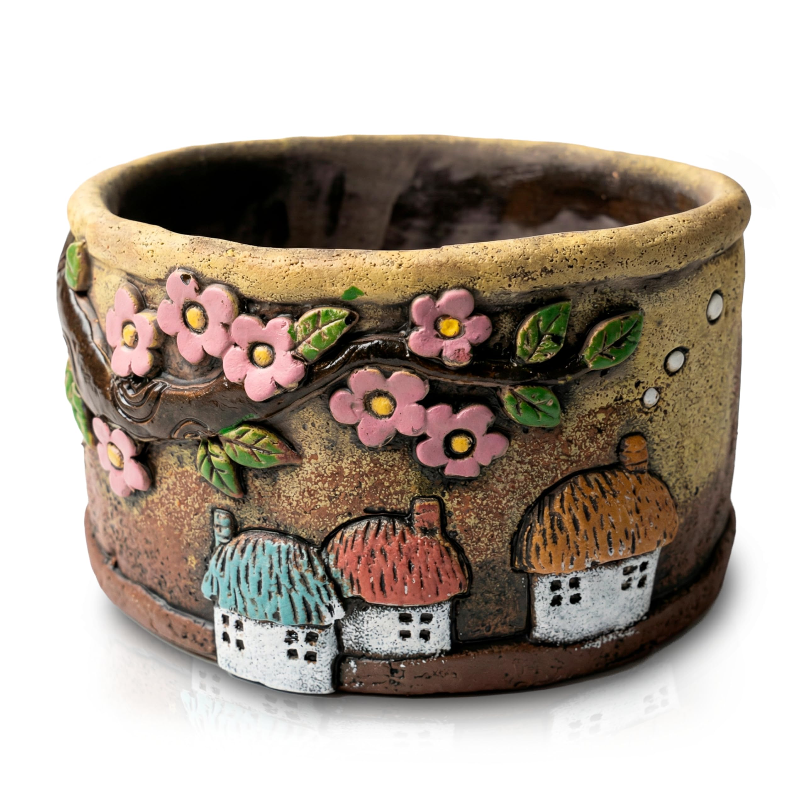 TIN DREAMS | Maceta Decorativa con Casitas de Pueblo – Macetero Hormigón Pintado a Mano – Tiesto para Plantas Interior y Exterior – Maceta Artesanal para Jardín, Terraza o Balcón – 19,5 x 19,5 x 10 cm