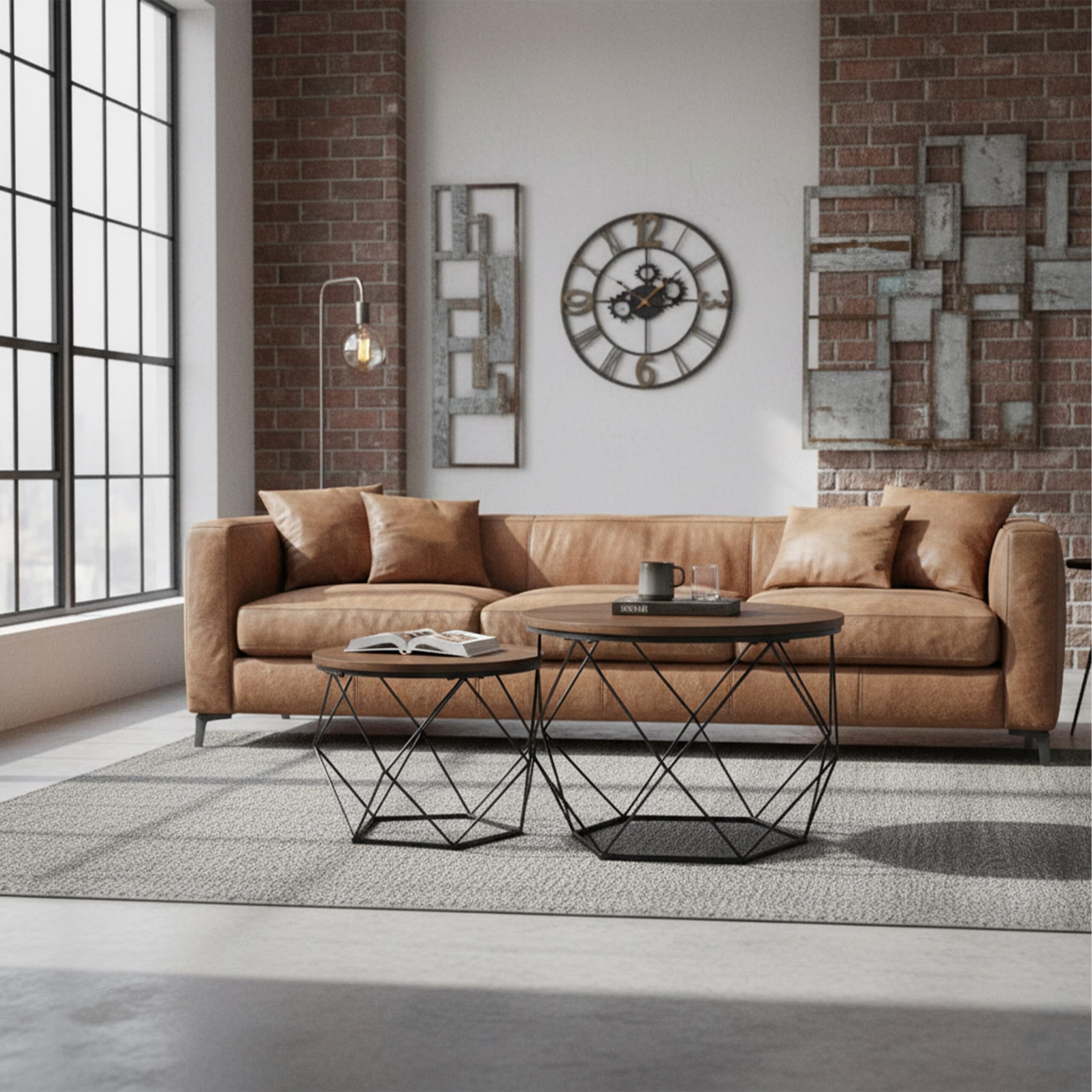 Relaxdays Couchtisch, 2er Set, Holzoptik & Metall, Industrial-Design, runde Beistelltische, Wohnzimmer, braun/schwarz