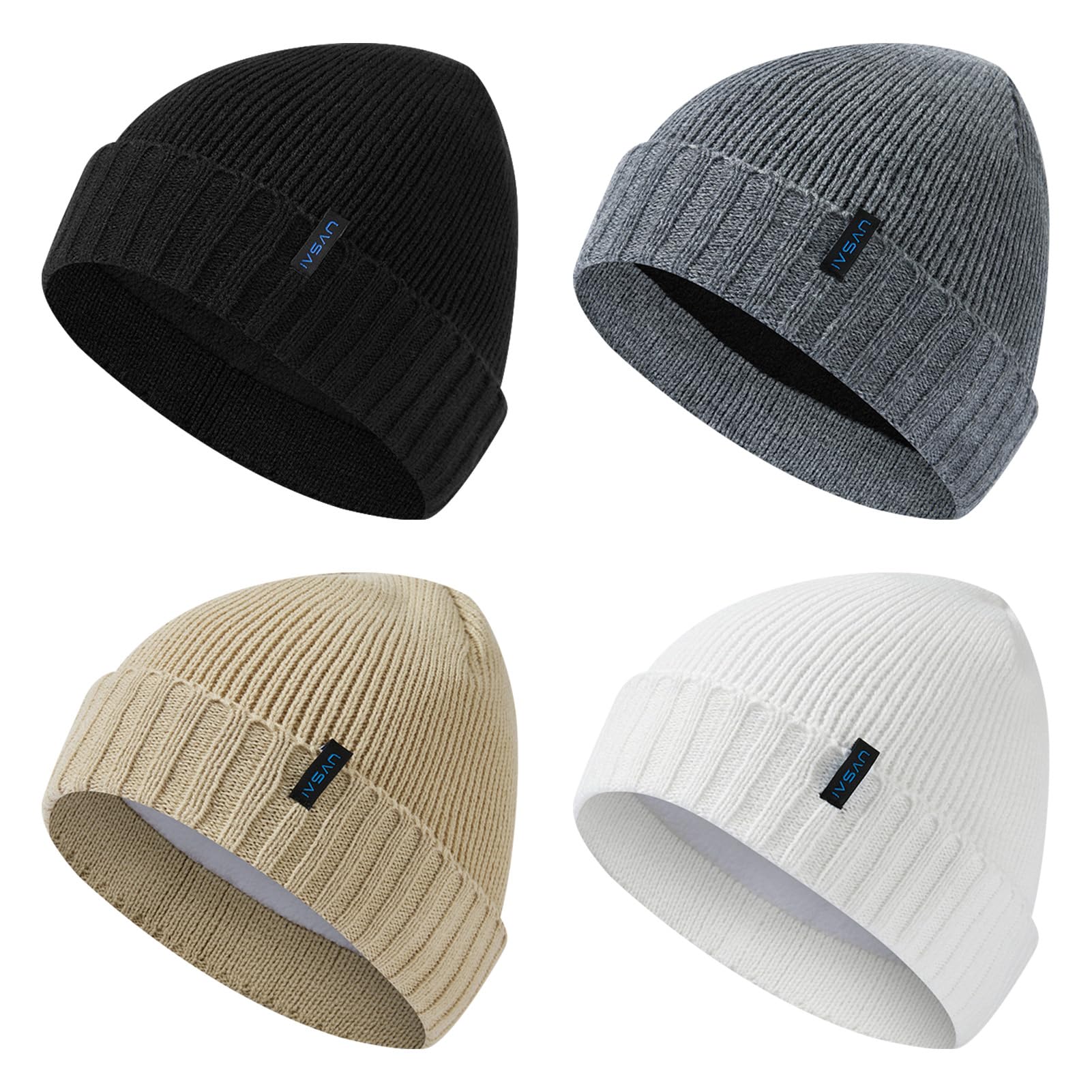 UVSAI 4 Pack Fleece Lined Beanie Winter Soft Warm for Men Women Stretchy Fit Unisex Cuffed Knit Hat