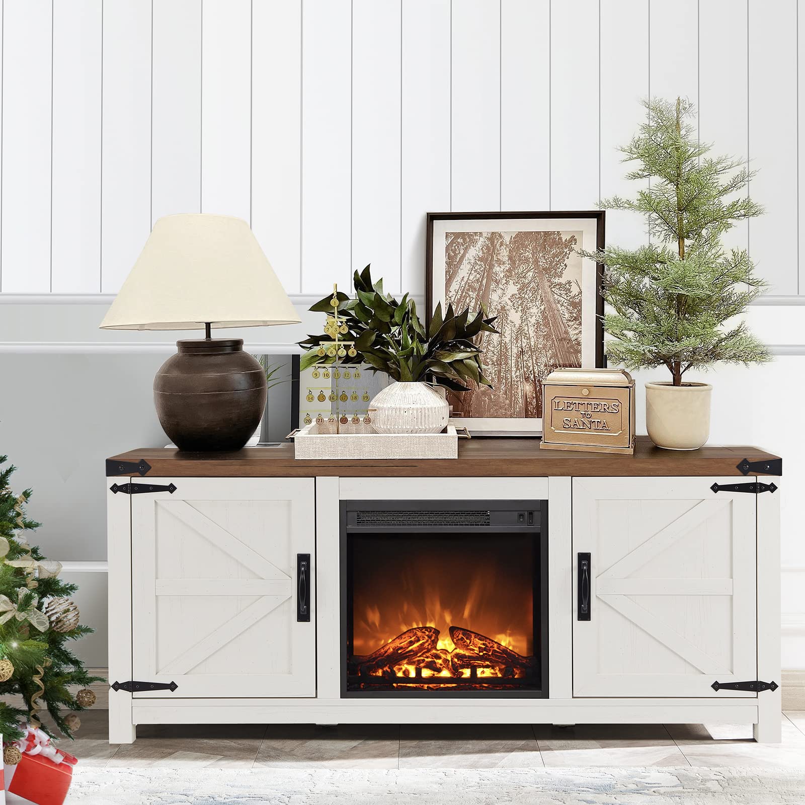 Amazon.com: OKD Electric Fireplace TV Stand for 65+ Inch TV, Farmhouse  Entertainment Center w/18'' Electric Fireplace u0026 Barn Door, Media TV  Console w/Storage Cabinet for Living Room, Antique White : Home u0026