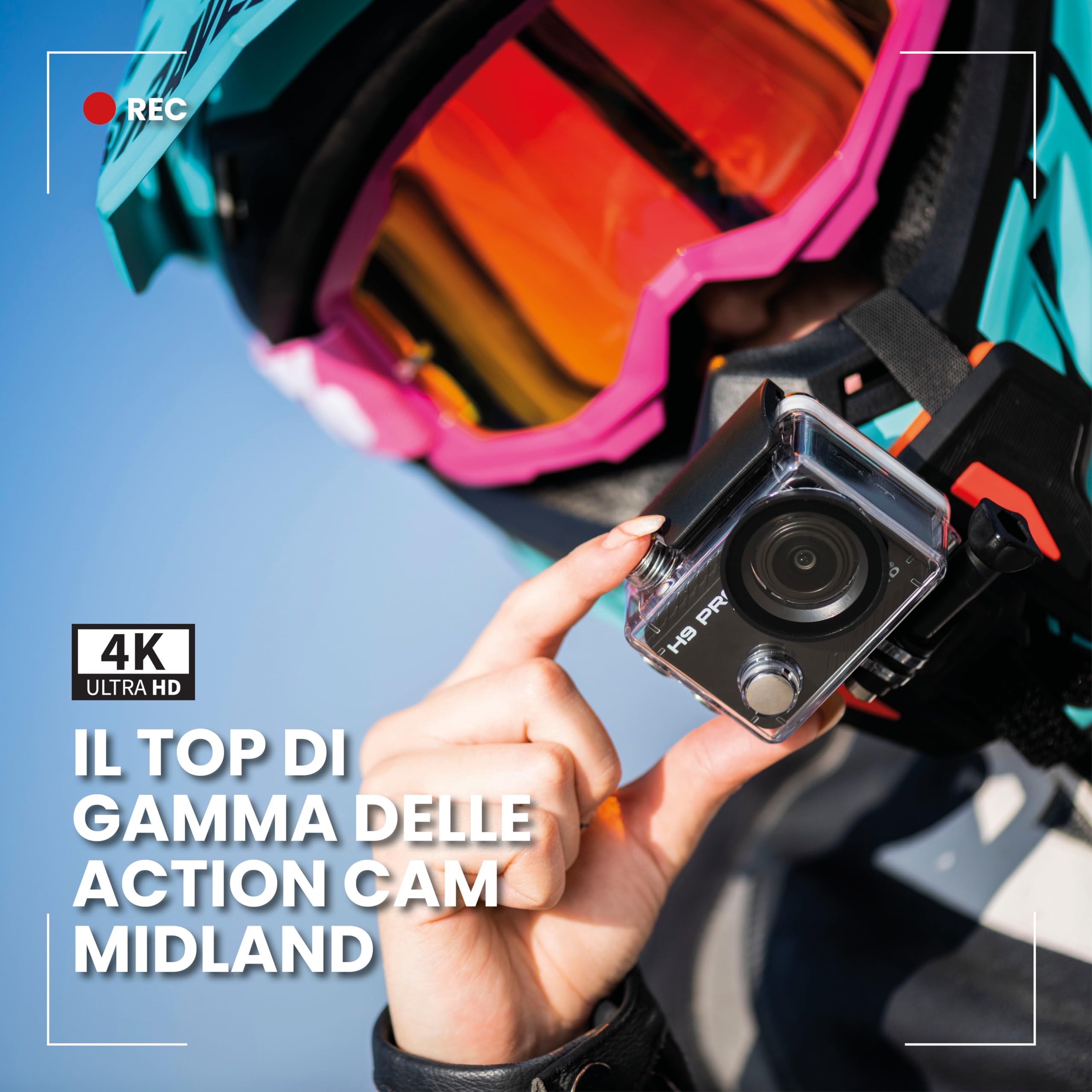 Midland - Action Cam 4K H9 Pro WIFI con Remote Control, Videocamera Sportiva Macchina Fotografica Subacquea 30m, Autonomia 2H, 30fps, Foto 20MP, Touchscreen IPS, 7 Modalità Video, Controllo Smartphone