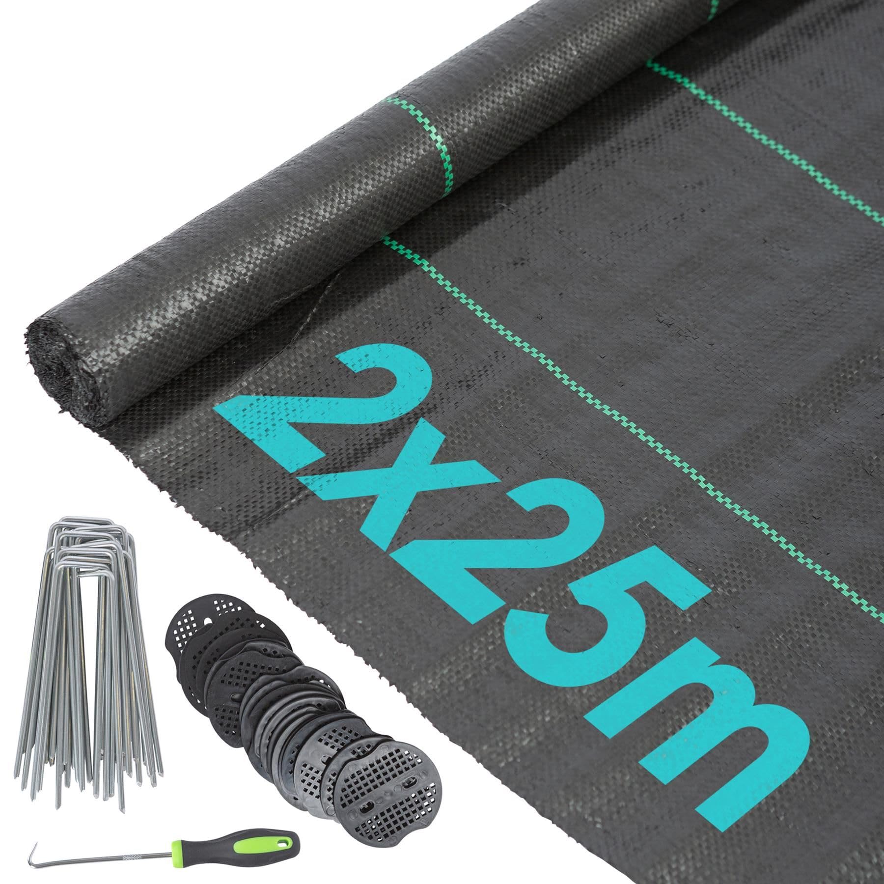 Harbour Housewares 110gsm Weed Control Membrane 2m x 25m Coverage (1 Roll) with Pegs & Plates - Heavy Duty Weed Control Fabric Barrier Ground Cover for Garden, Patios, Flower Beds, Landscaping