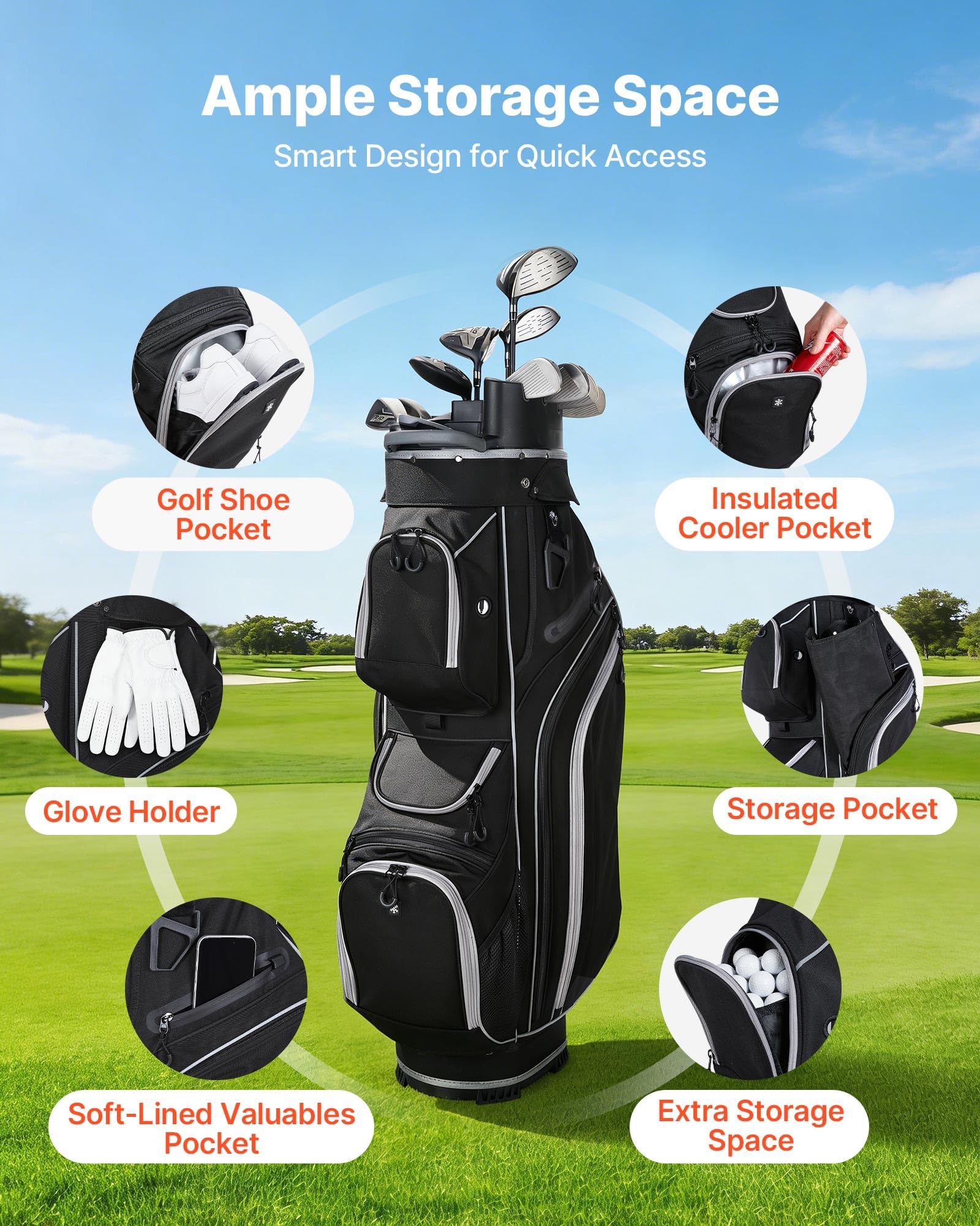 VEVOR Golftasche mit 14-fache Durchgehenden Schlägerfächern Tragegriffen Stautaschen Schultergurt Regenschutzhaube Leichtgängigen Reißverschlüssen Golfbag aus 900D Polyester Schwarz